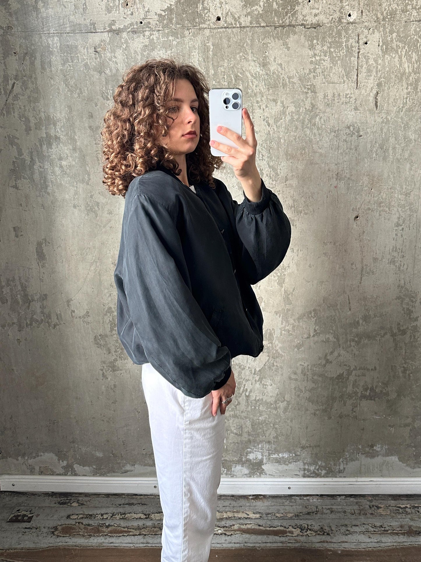 Vintage y2k oversized silk bomber jacket in black