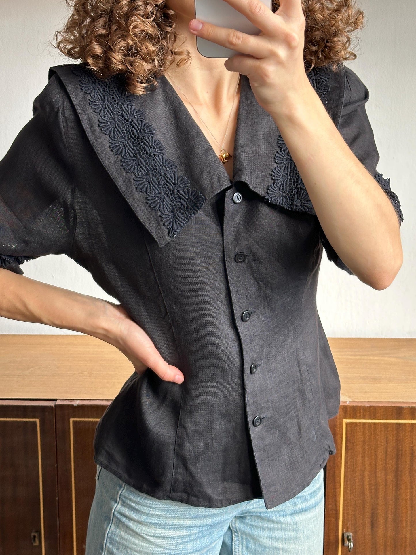Vintage linen blouse in black with floral embroidery