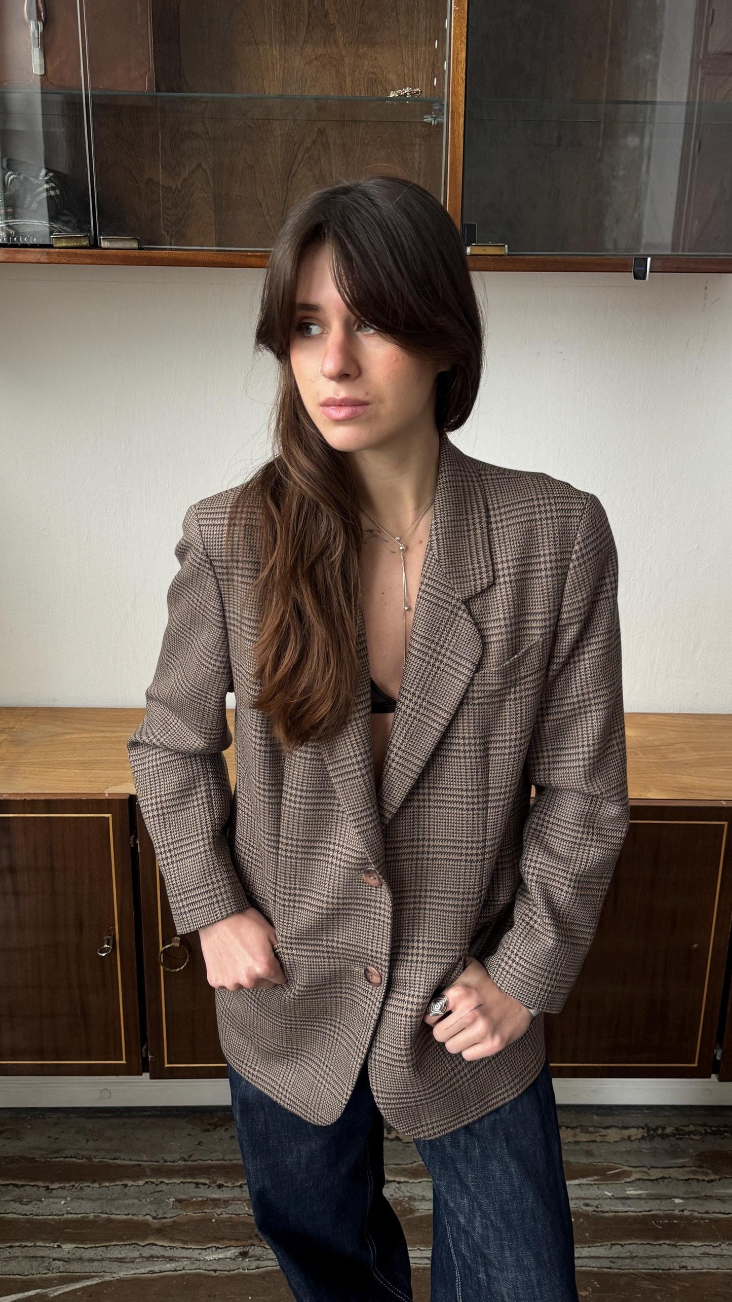 Vintage 90s Brown Checked Wool Blazer