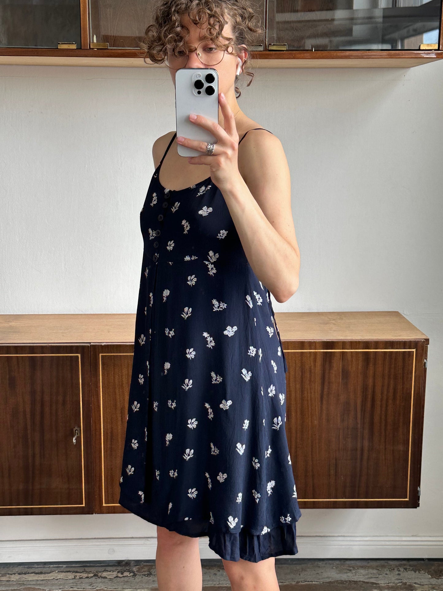 Vintage 90s sleeveless floral dress in blue, summer sundress