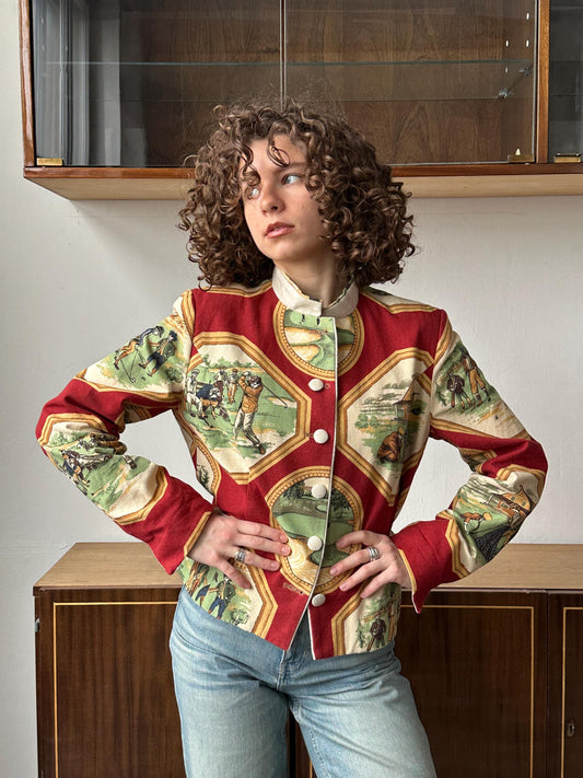 Vintage tapestry blazer in red and white with golf scenes