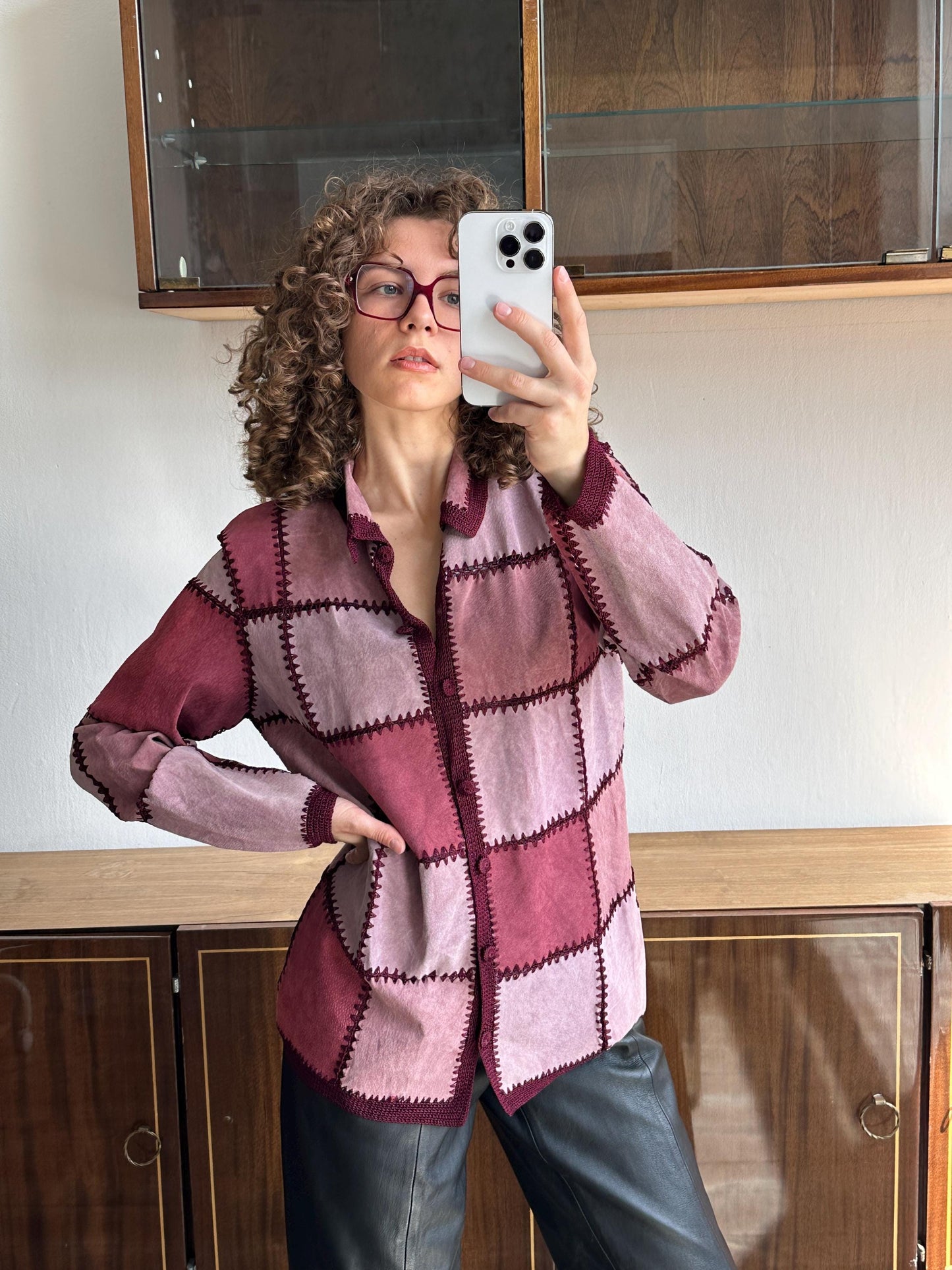 Vintage patchwork leather jacket in pink