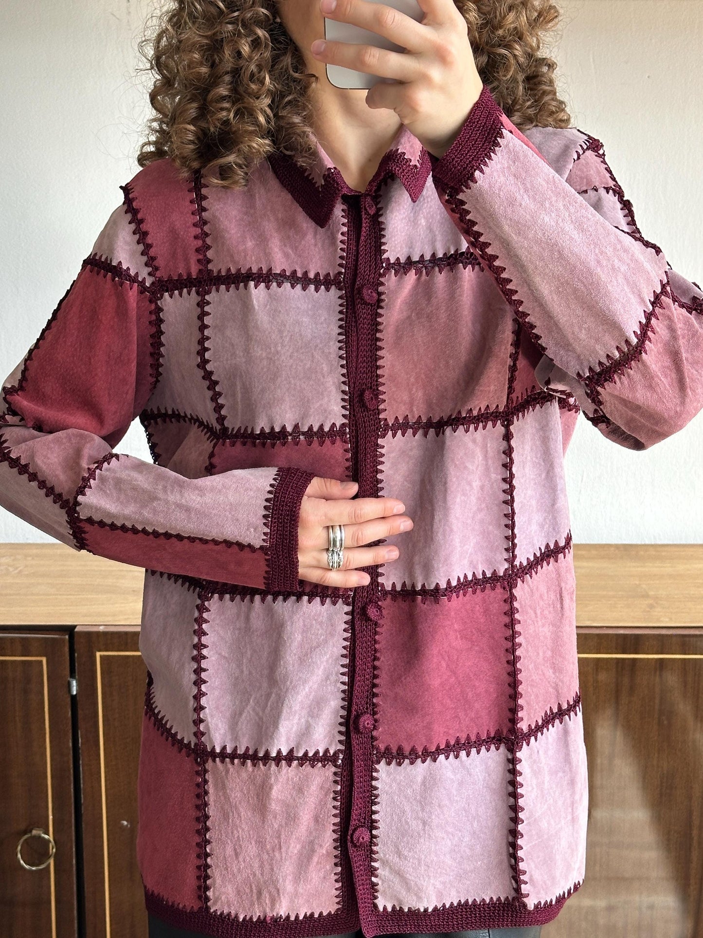 Vintage patchwork leather jacket in pink