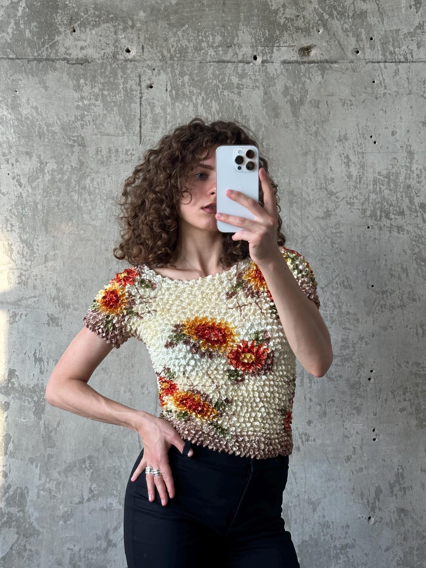 Vintage summer ruffled top in yellow with floral motif