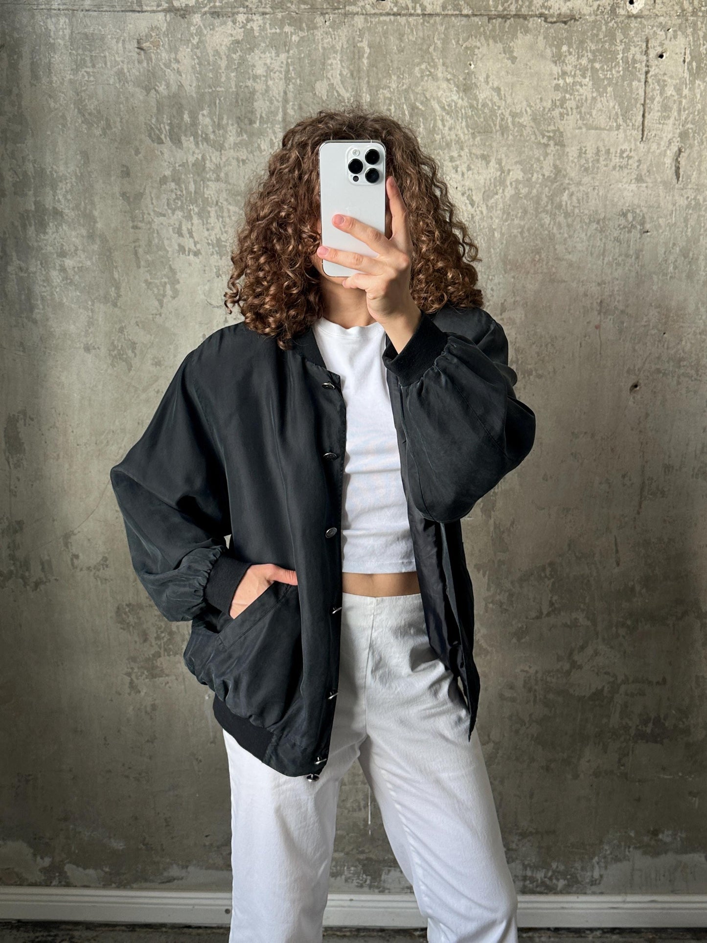 Vintage y2k oversized silk bomber jacket in black