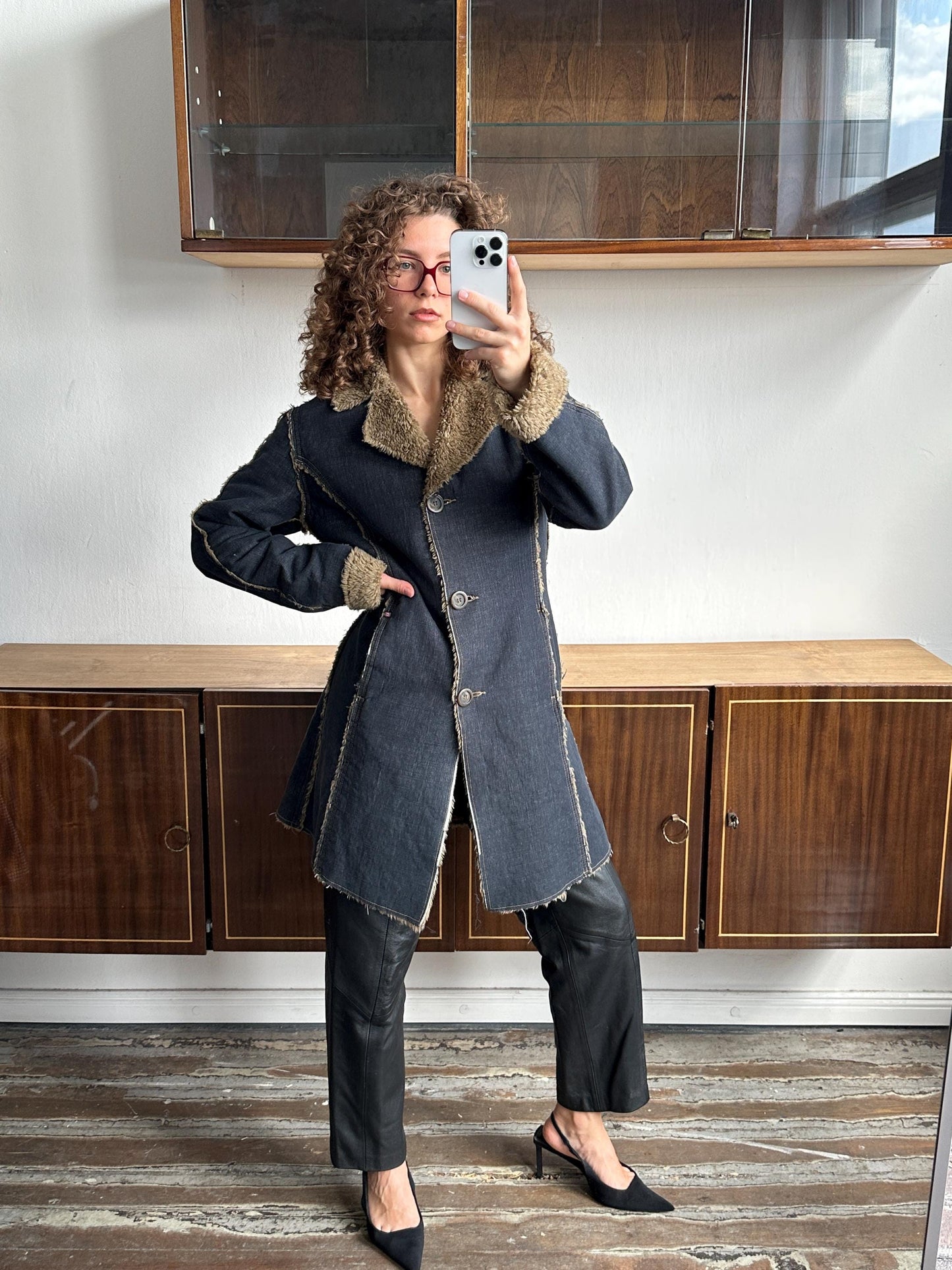 Vintage 90s denim coat with faux fur coat
