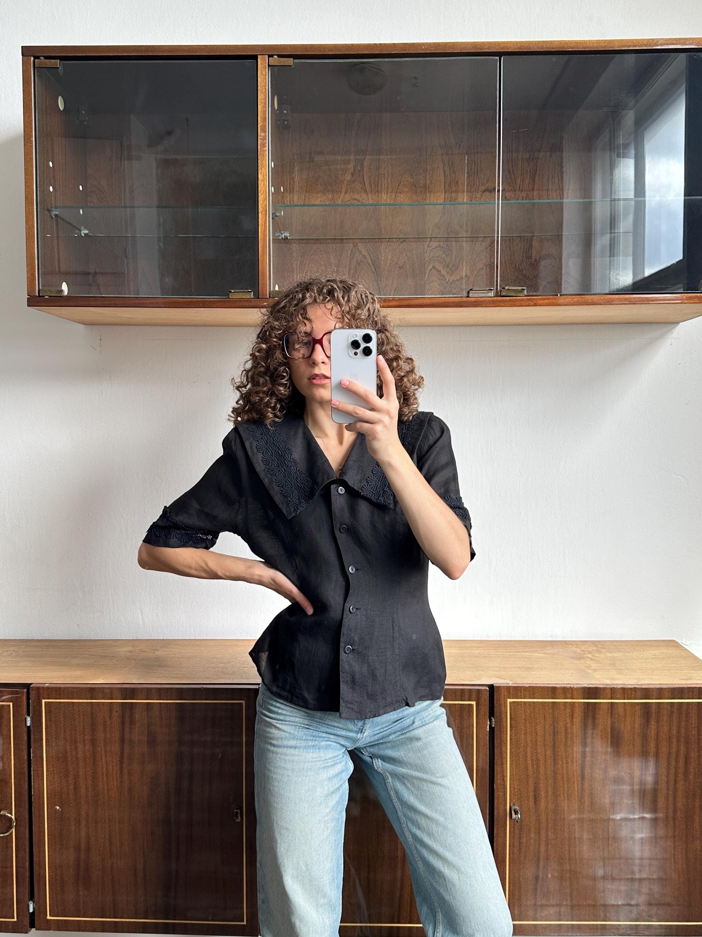 Vintage linen blouse in black with floral embroidery