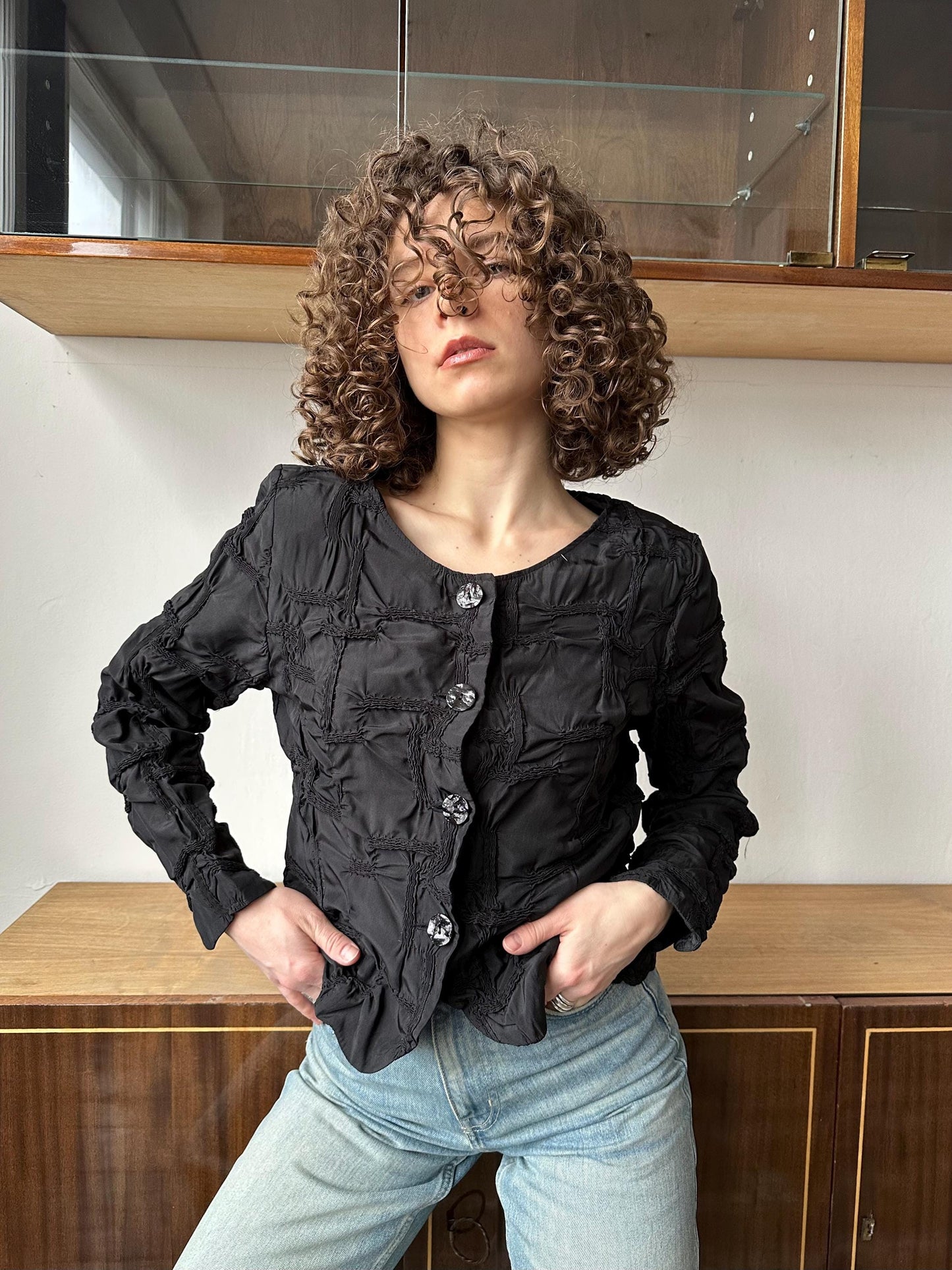 Vintage 80s ruffled women blouse in black