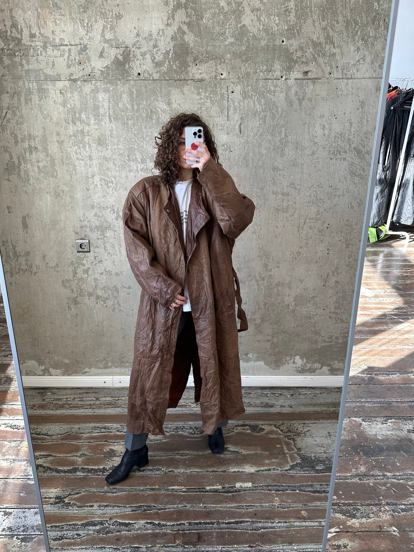 Vintage 90s genuine leather coat in brown, belted coat