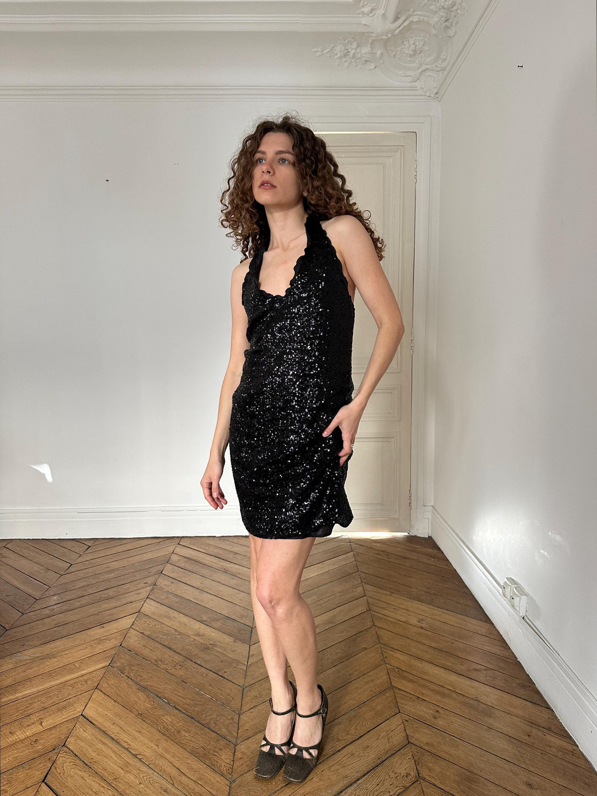 Vintage Moschino Cheap and Chic Black Sequin Open Back Party Dress I US 6