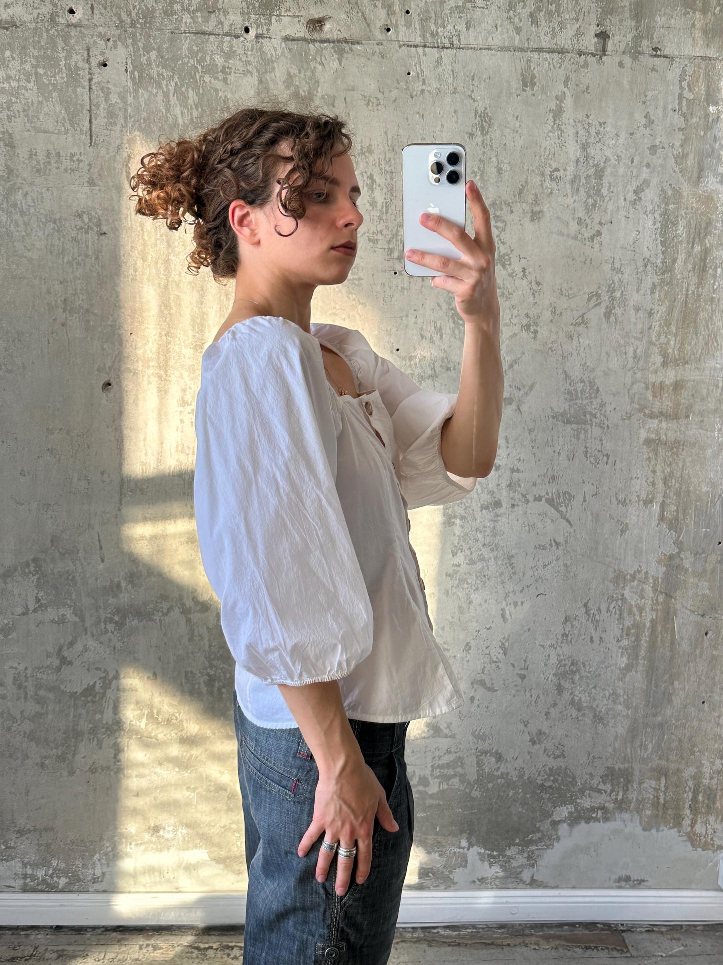 Vintage cotton blouse with balloon sleeves in white