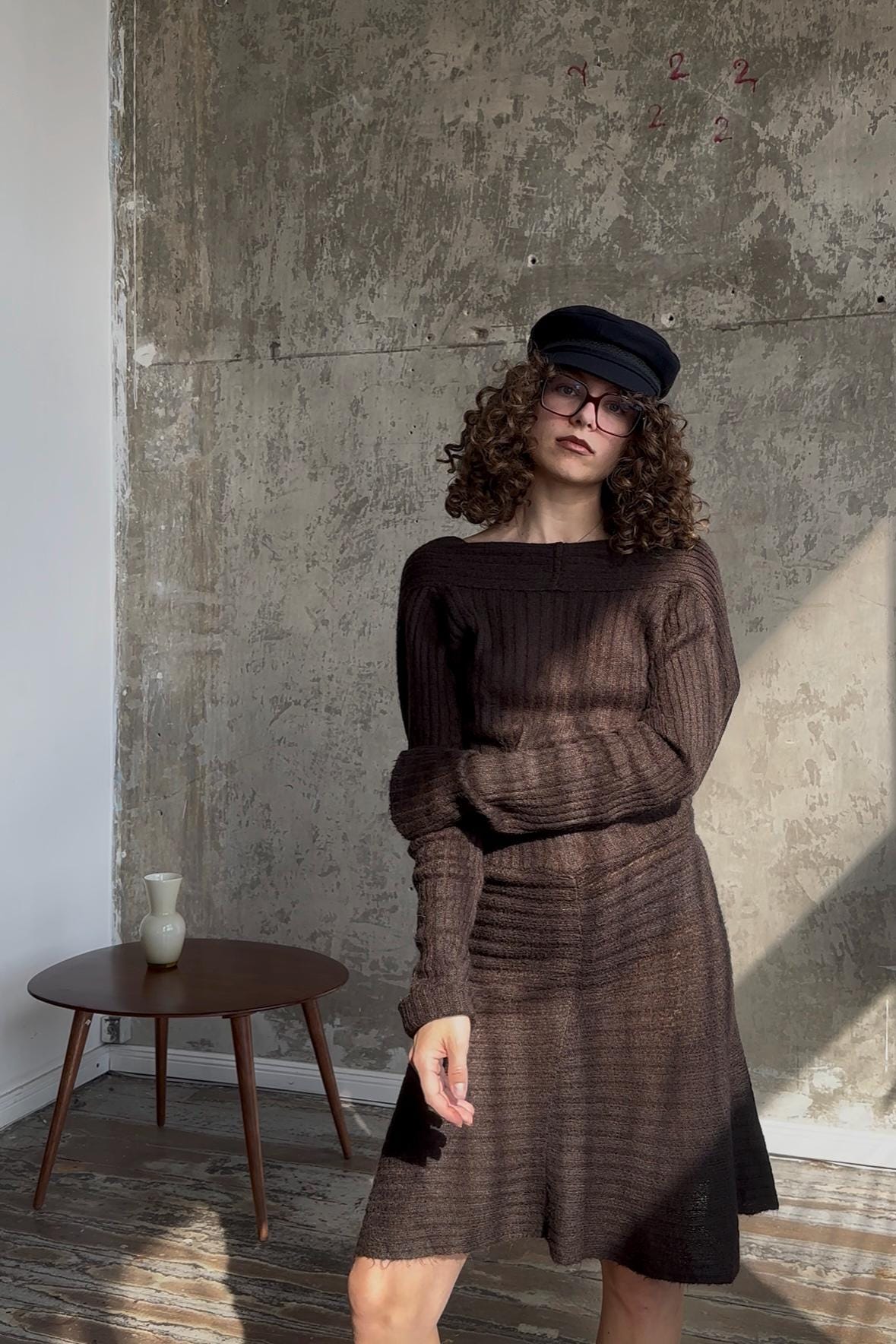 Vintage structured open back knitted dress in brown