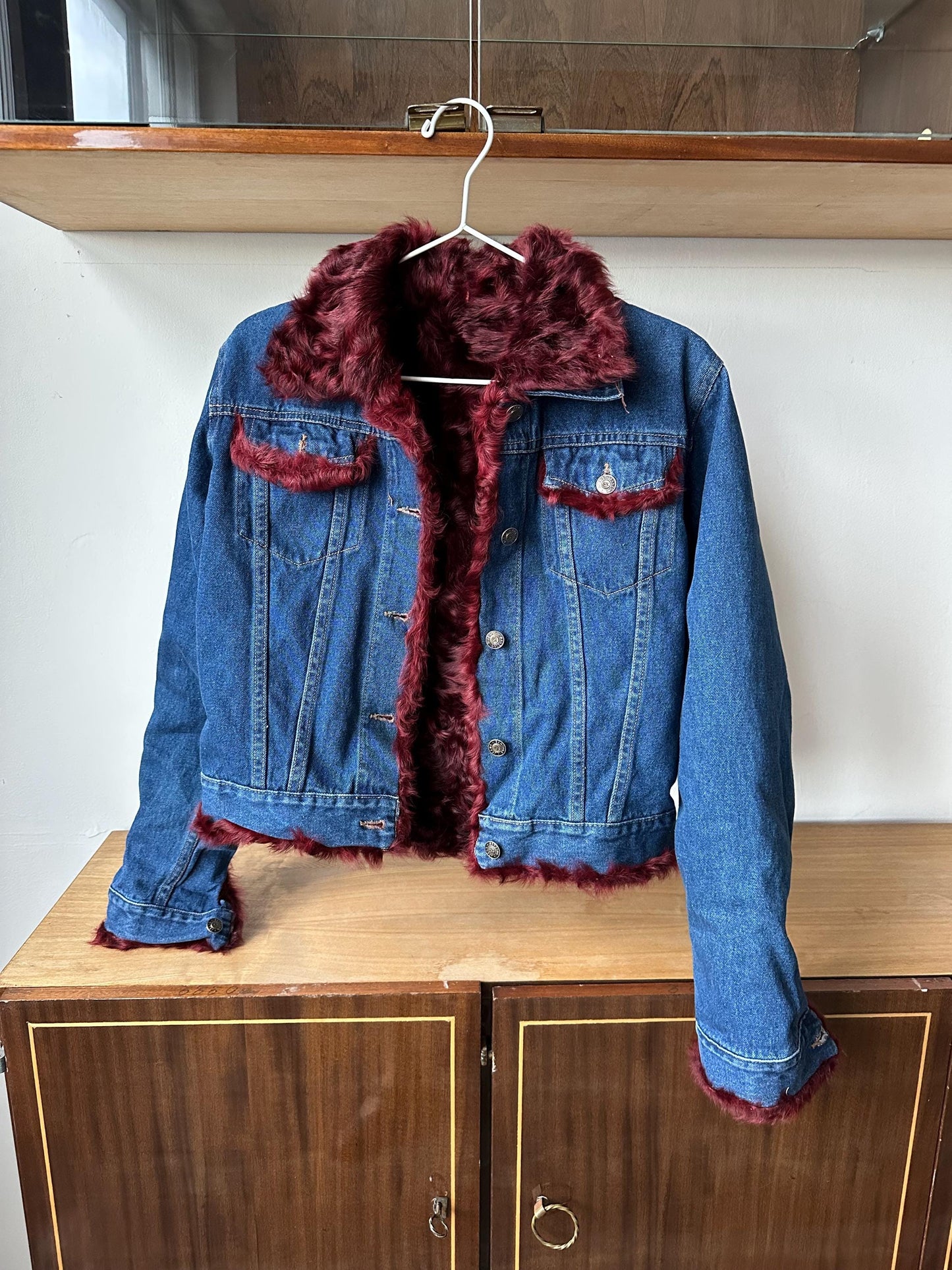Vintage blue denim bomber jacket with fur lining