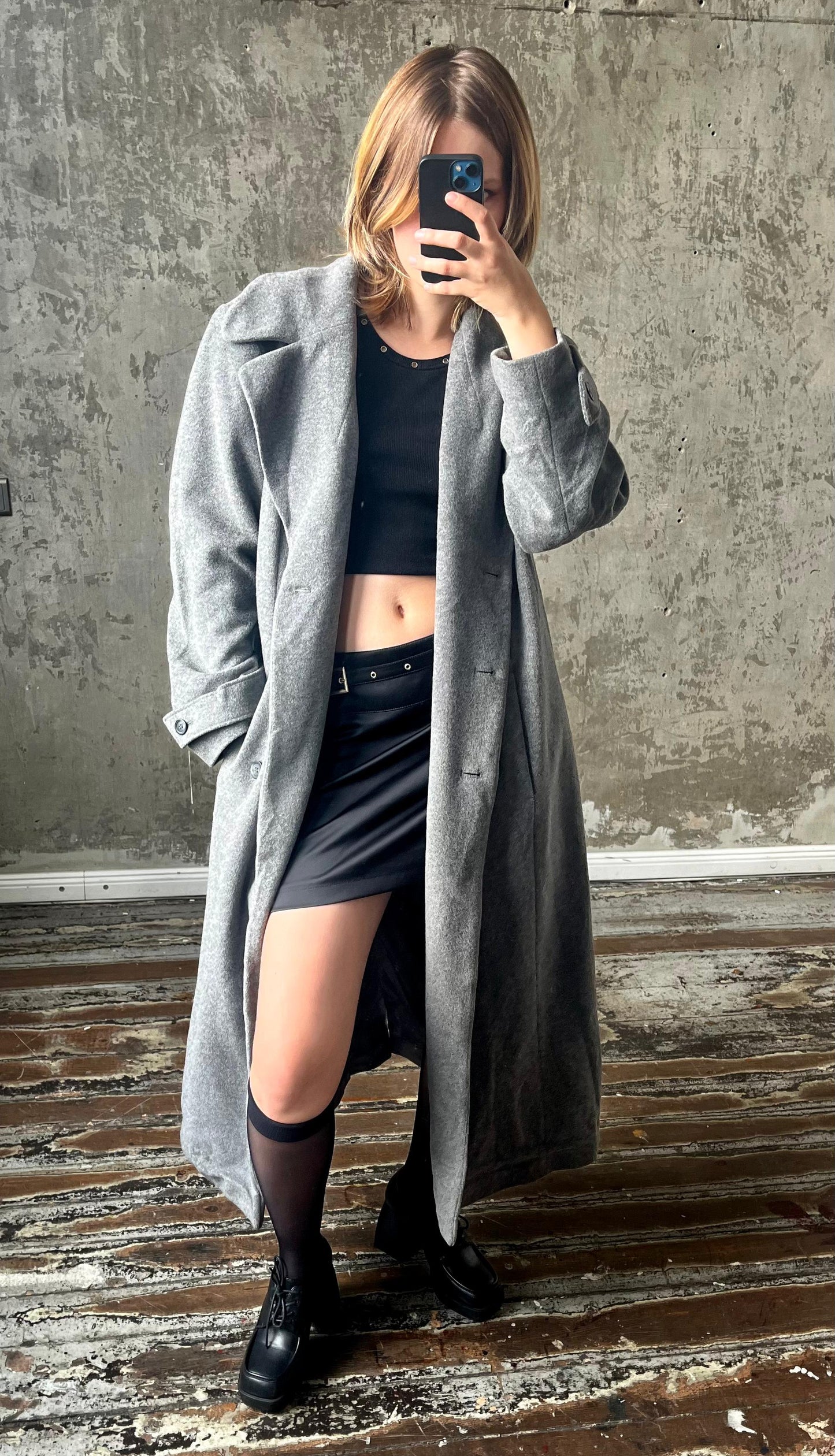 Vintage long double breasted wool coat in grey