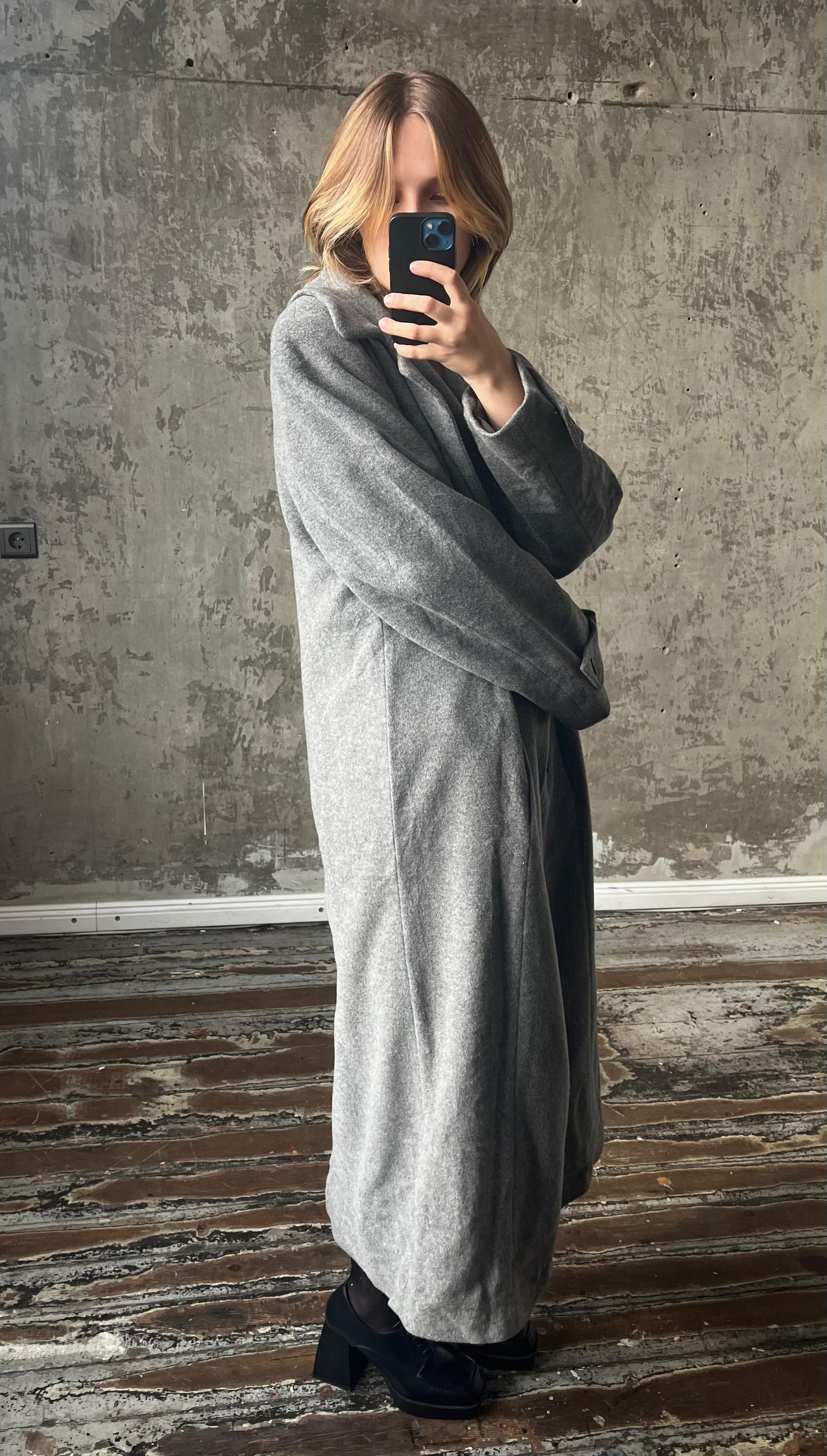 Vintage long double breasted wool coat in grey