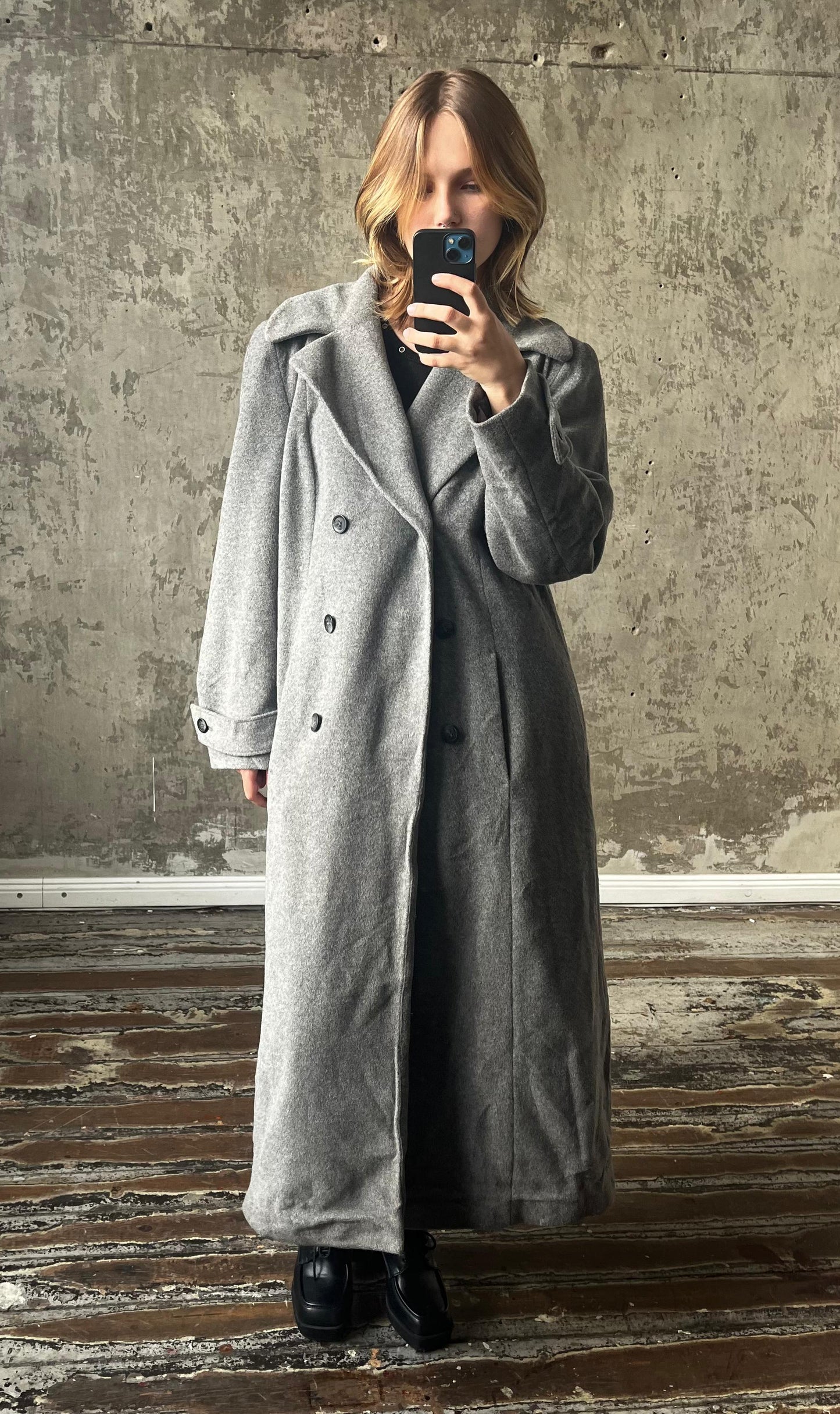 Vintage long double breasted wool coat in grey