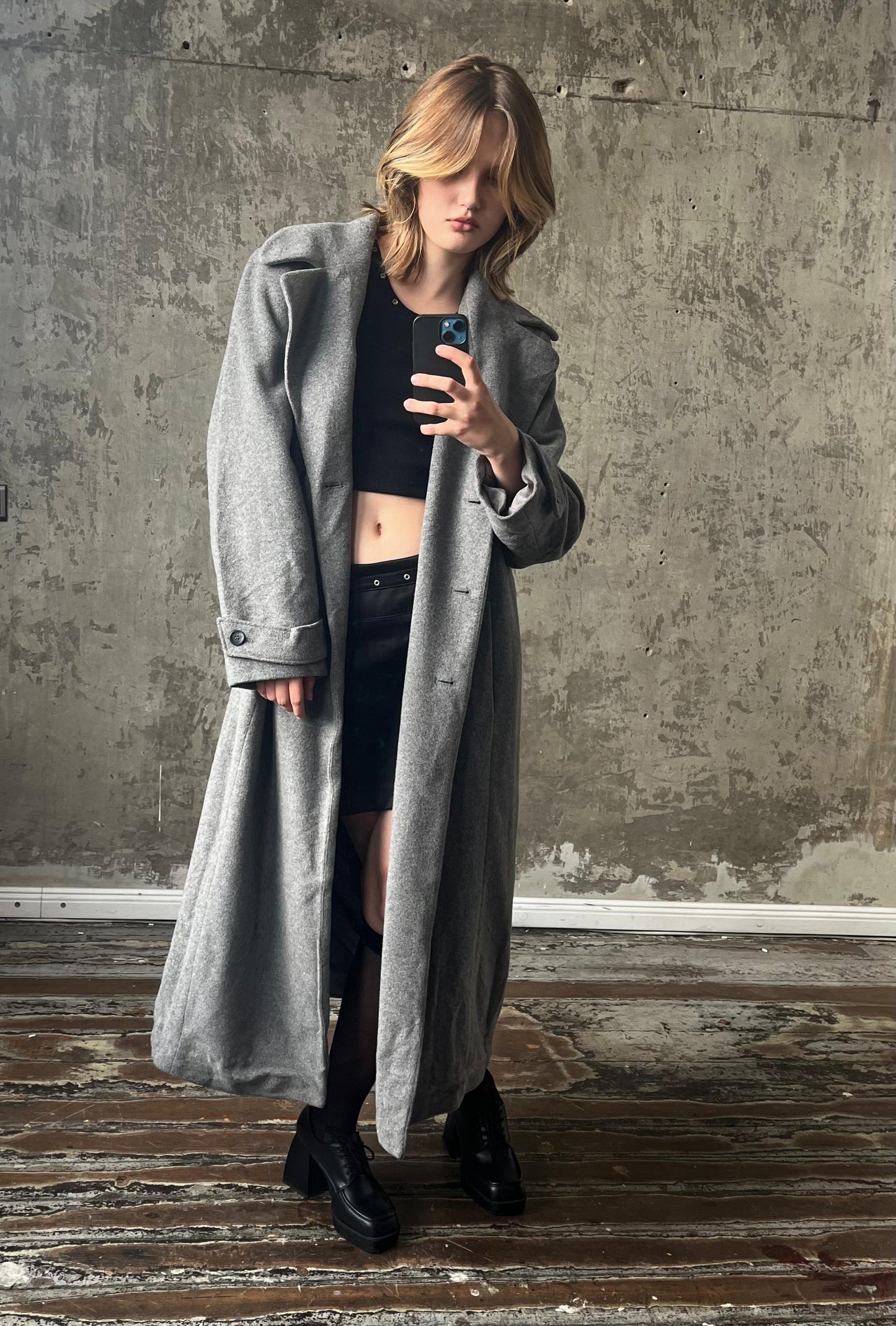 Vintage long double breasted wool coat in grey