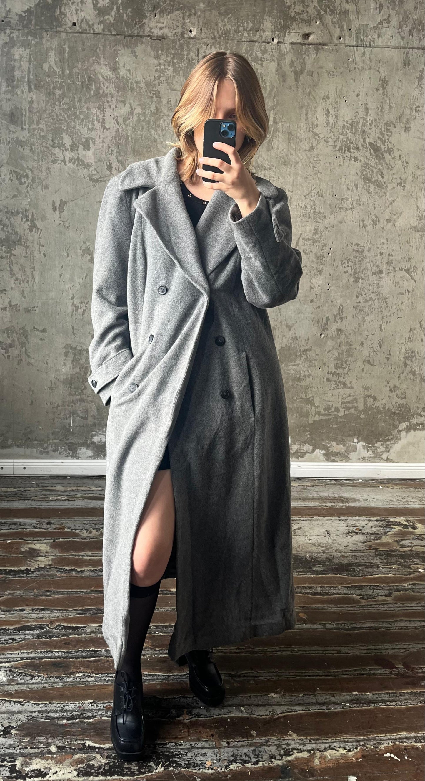 Vintage long double breasted wool coat in grey