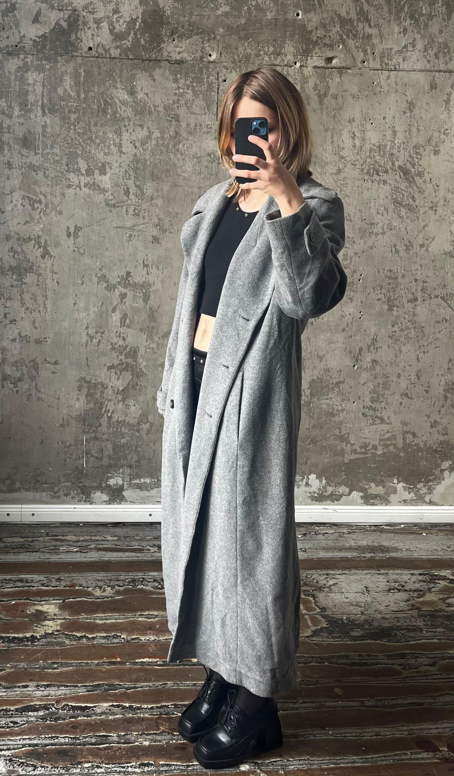 Vintage long double breasted wool coat in grey
