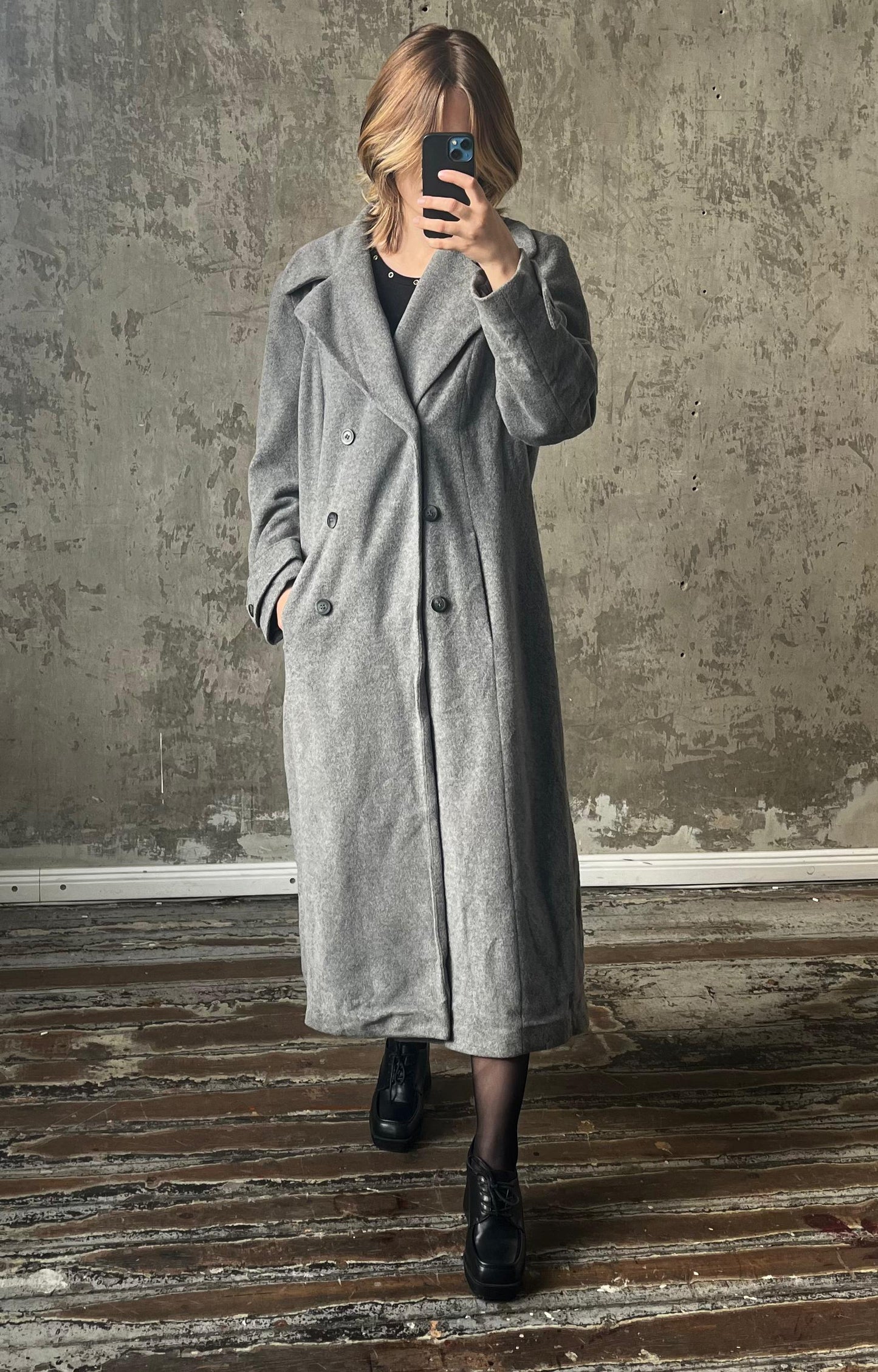 Vintage long double breasted wool coat in grey