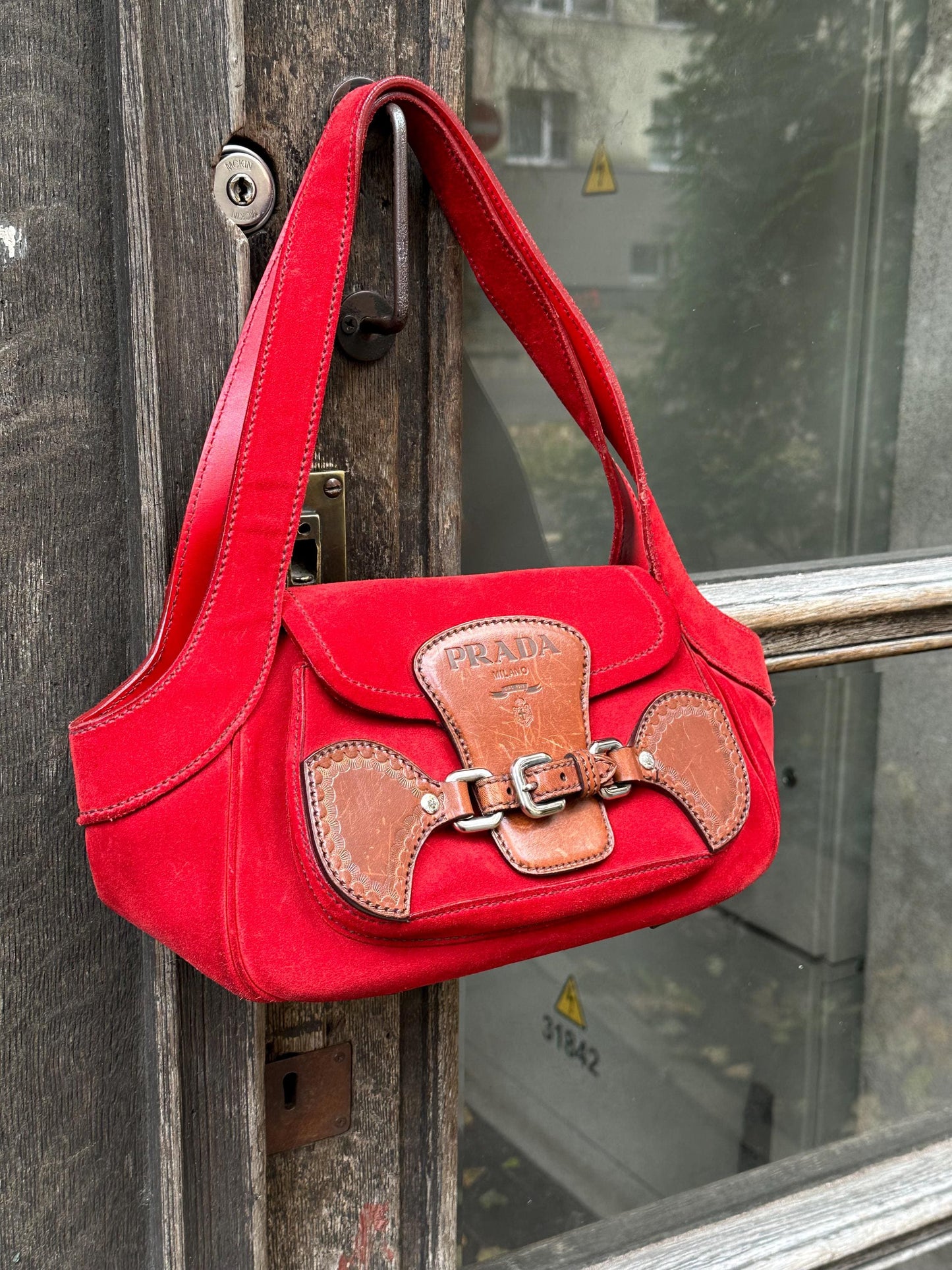 Vintage PRADA suede leather handbag in red