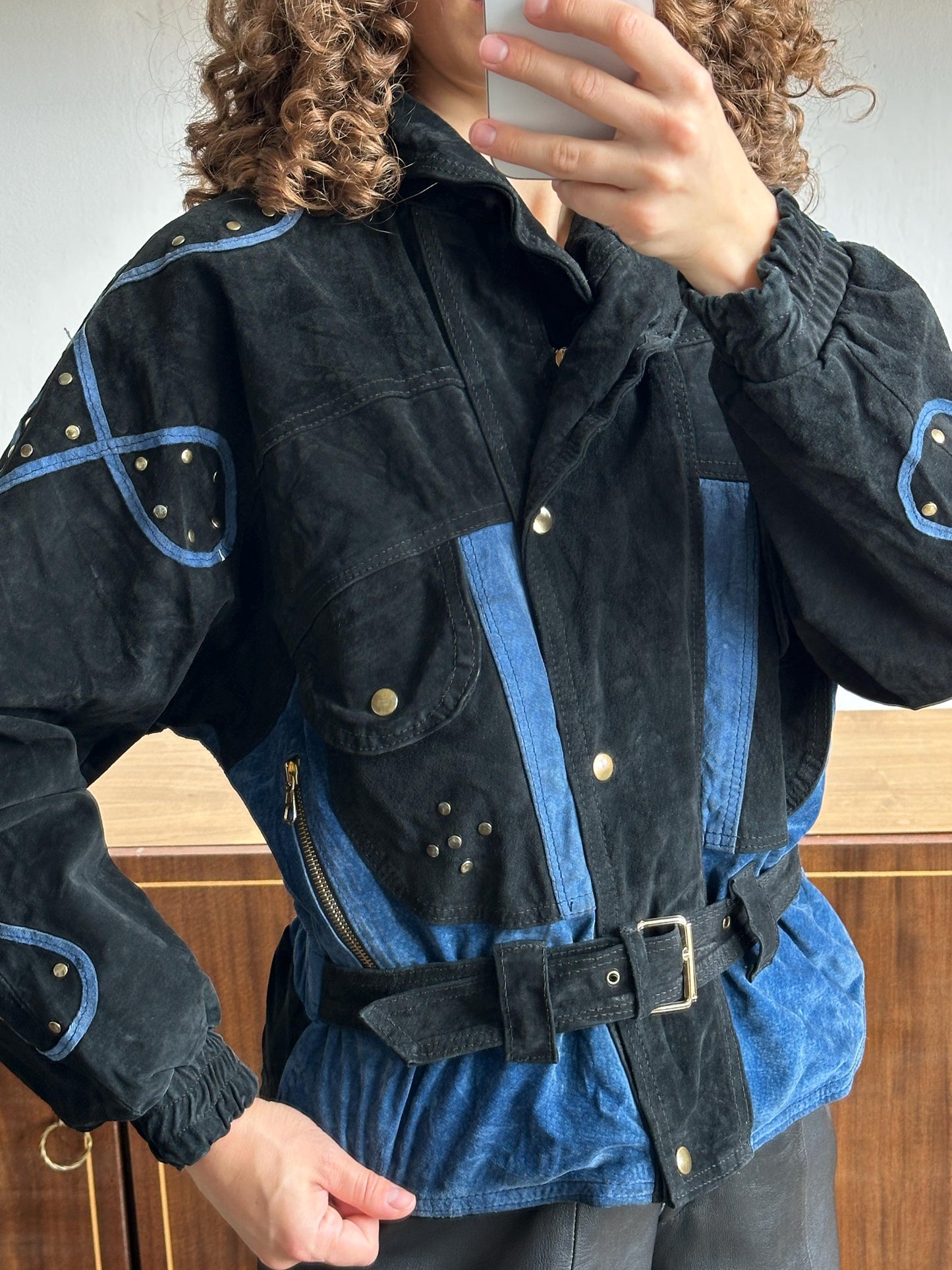Vintage 90s Suede Leather Motorcycle Bomber Jacket - Black, Cropped Dolman Sleeve