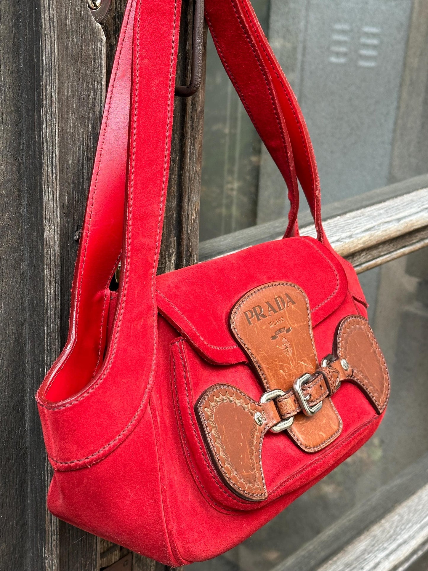 Vintage PRADA suede leather handbag in red