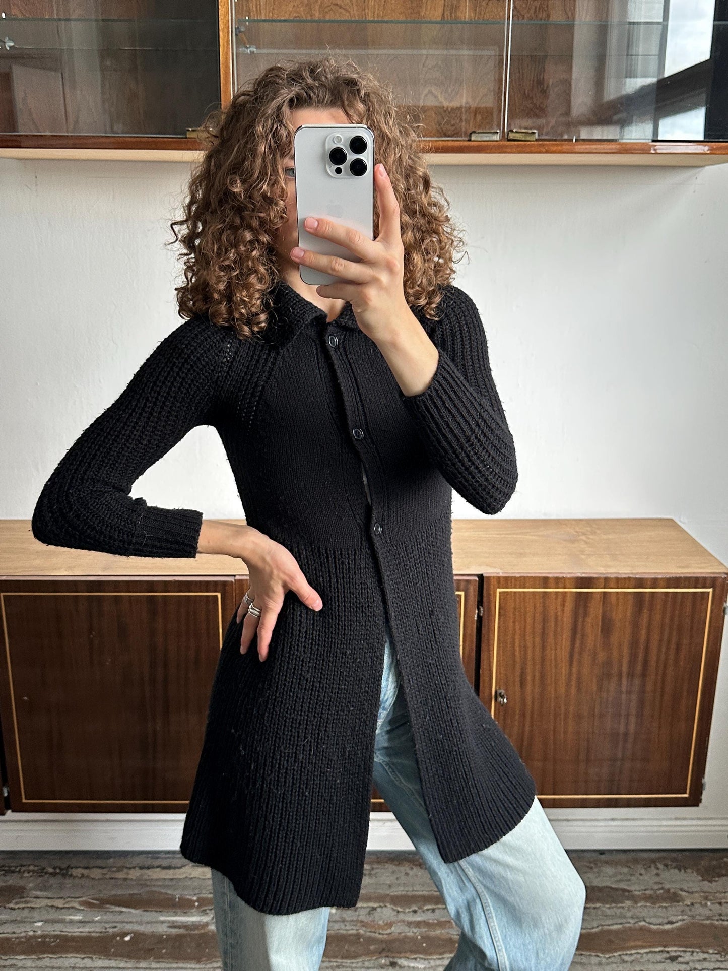 Vintage cardigan in black, button-down knit dress