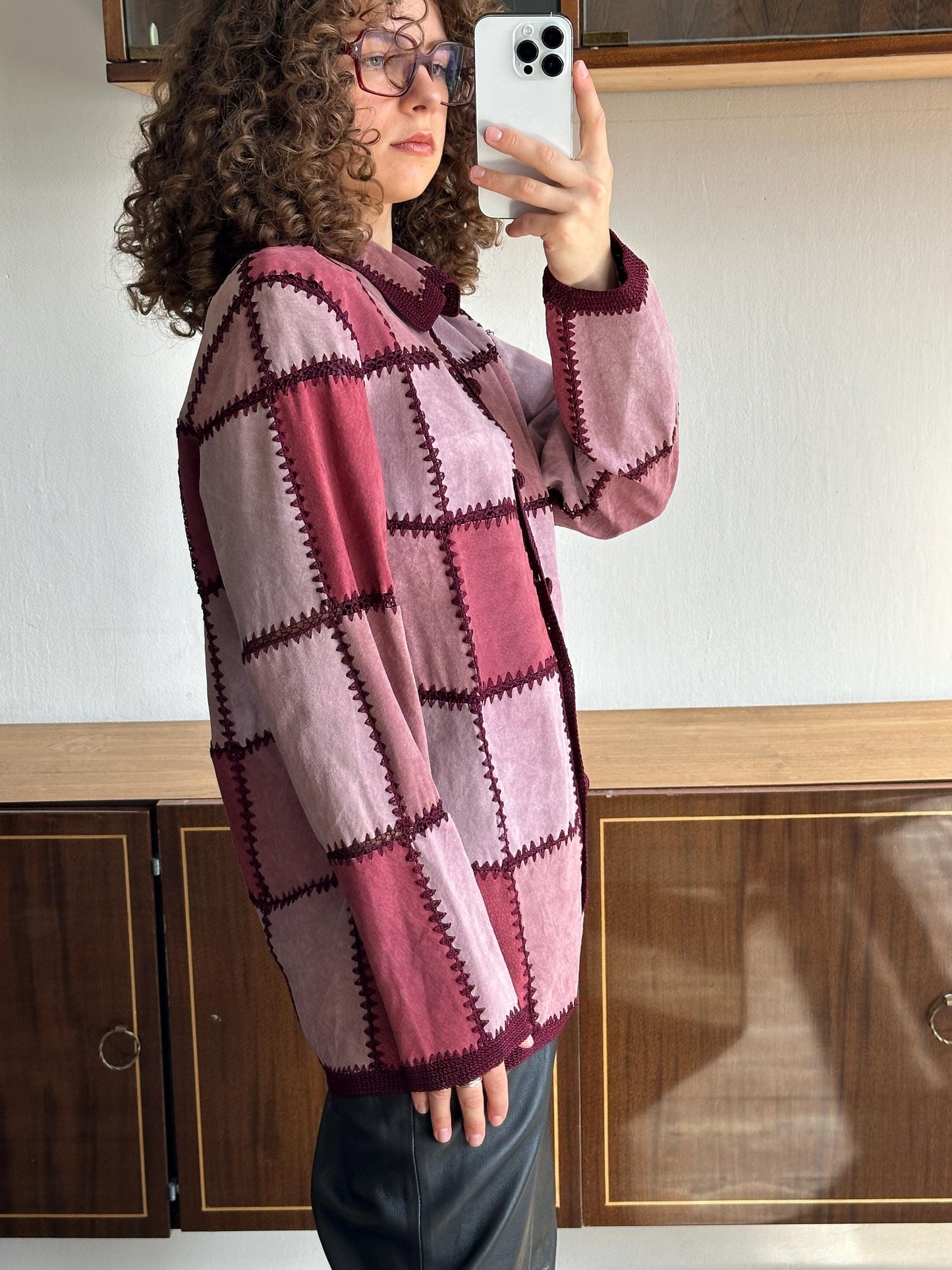 Vintage patchwork leather jacket in pink