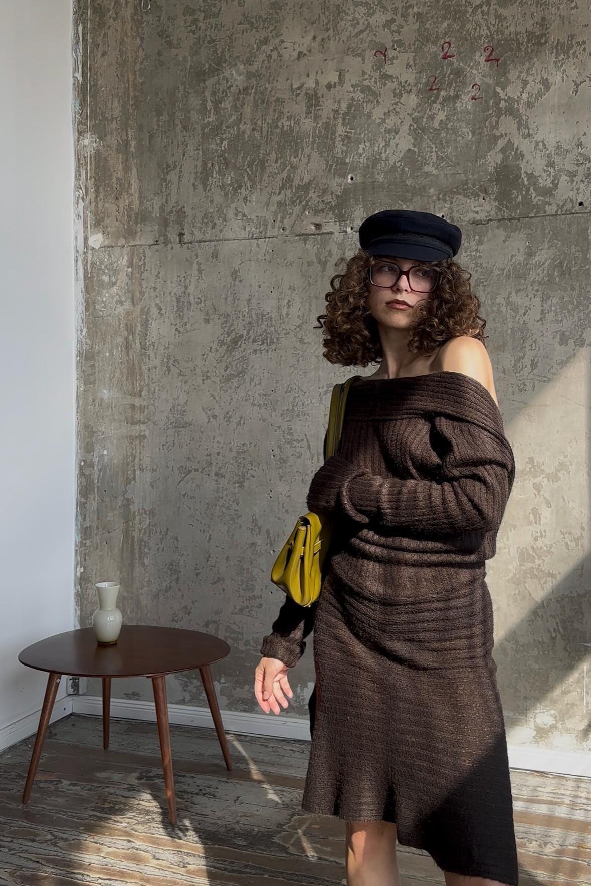 Vintage structured open back knitted dress in brown