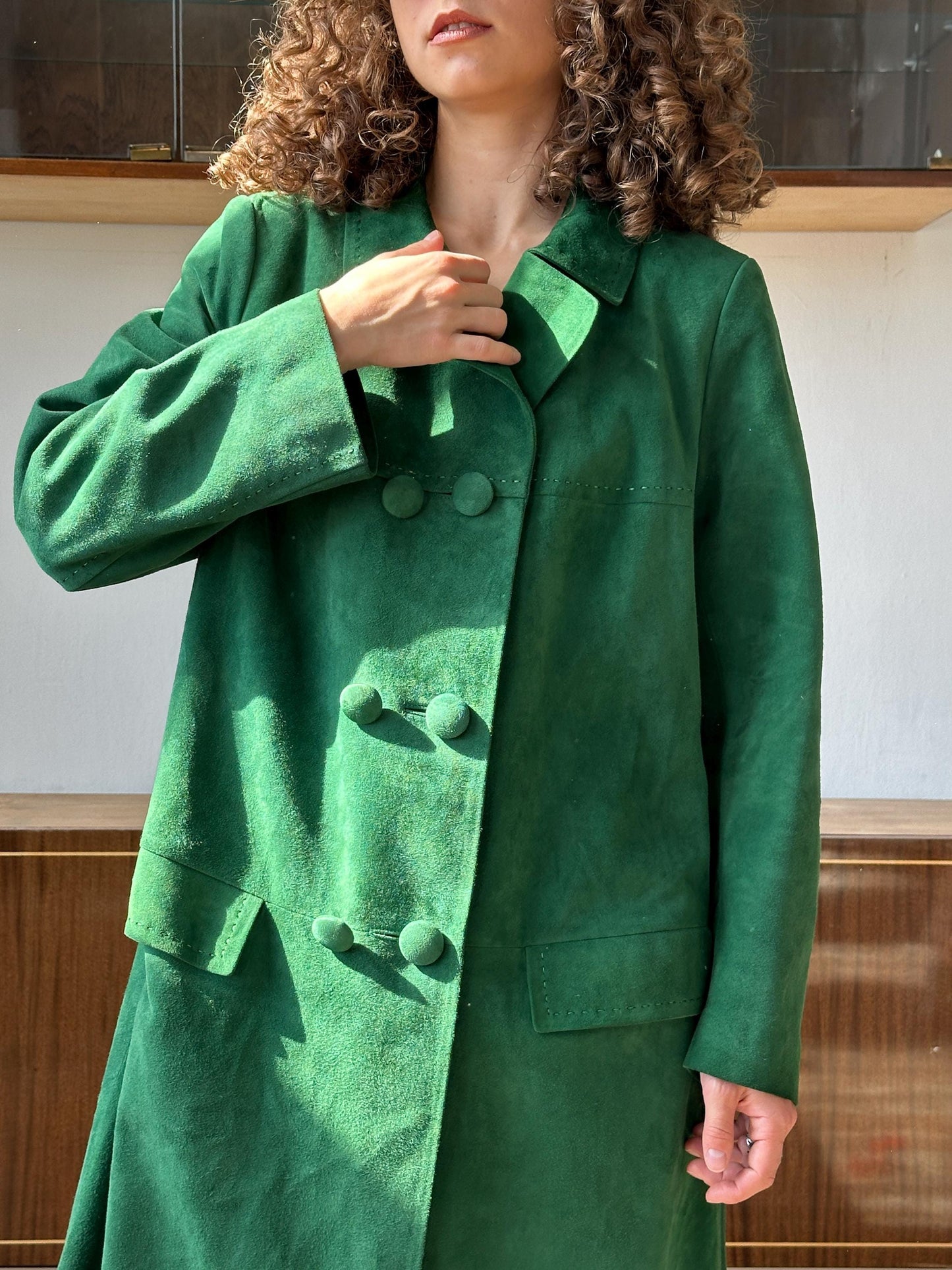 Vintage straight suede leather coat in bright green