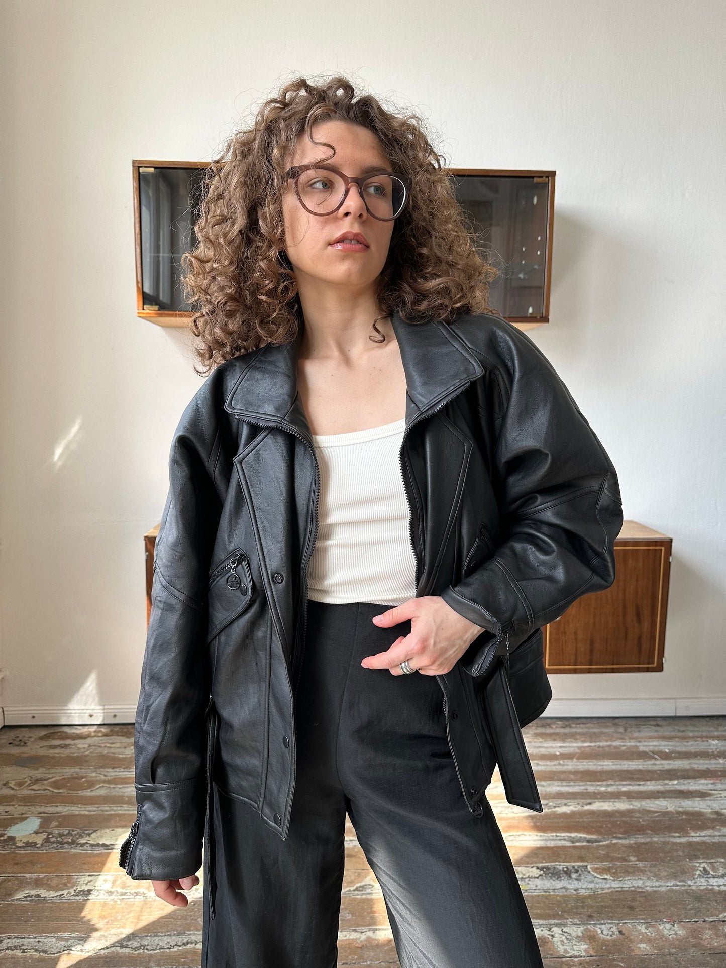 Vintage 90s faux leather bomber jacket in black