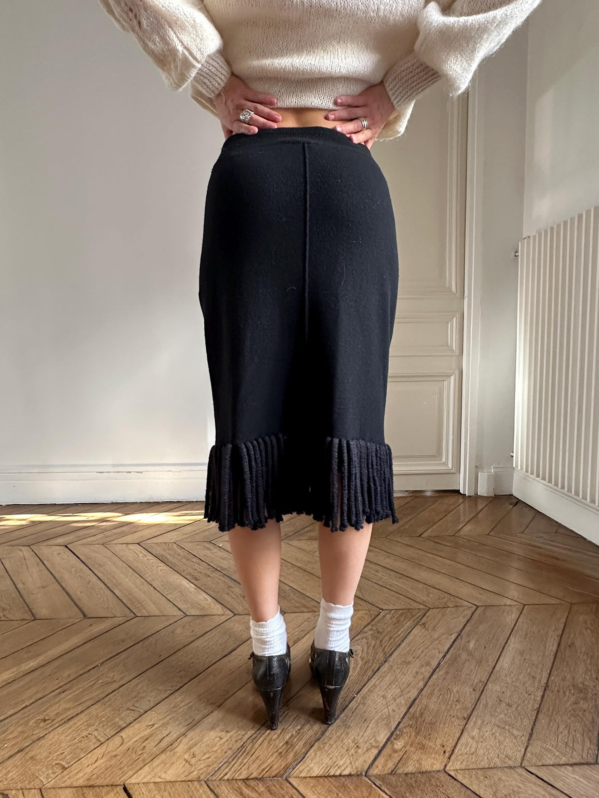 Vintage Sonia Rykiel Knit Skirt Black with Fringe