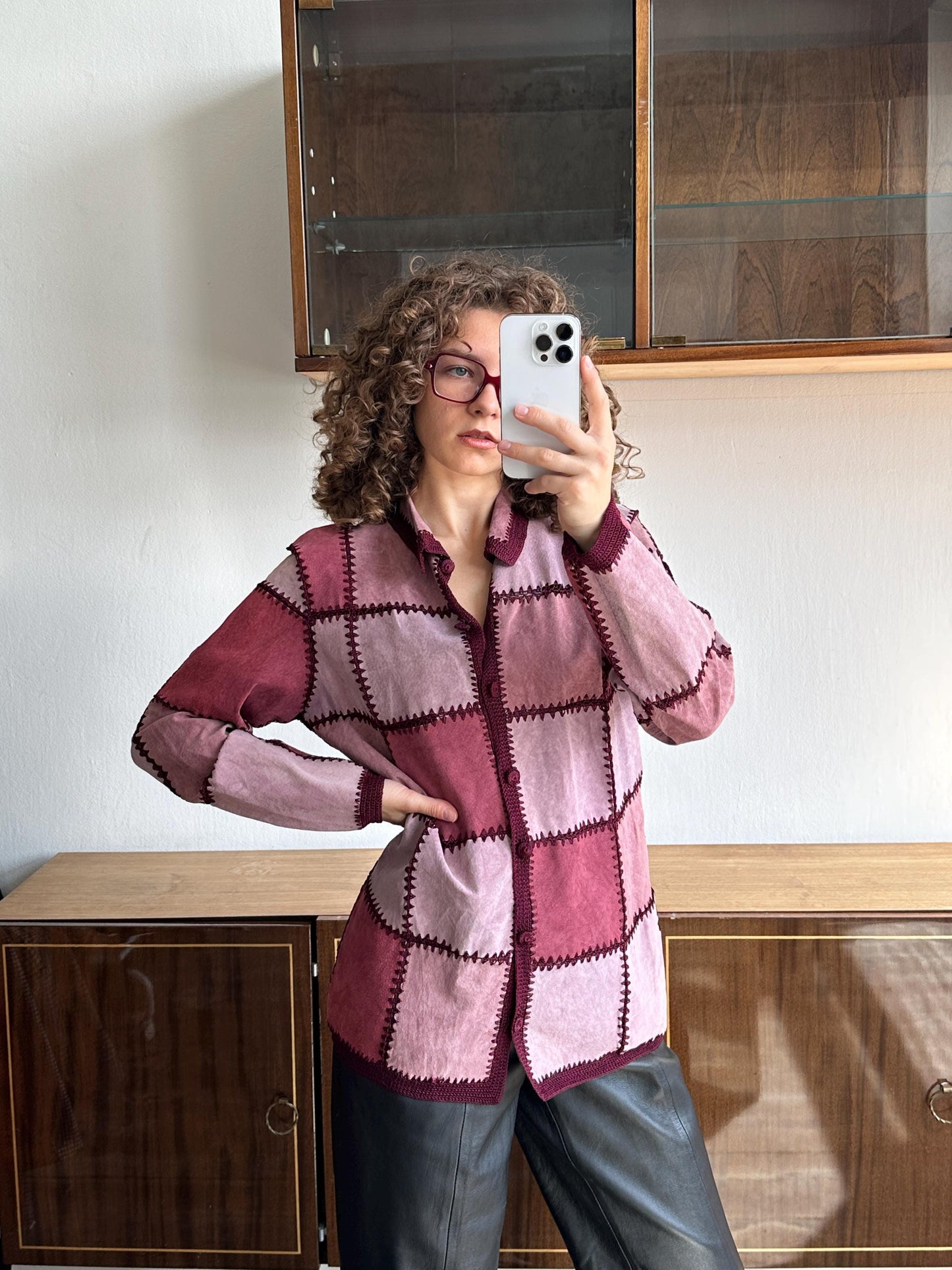 Vintage patchwork leather jacket in pink
