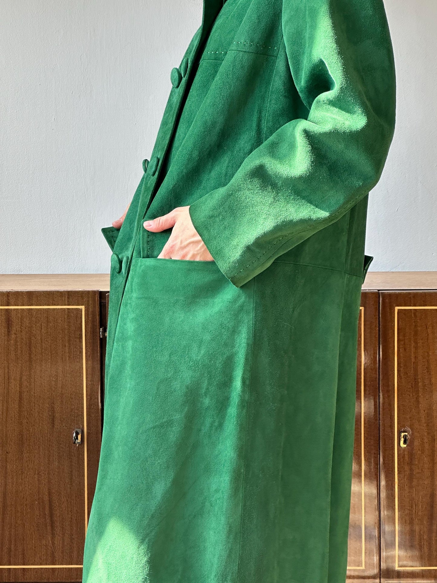 Vintage straight suede leather coat in bright green
