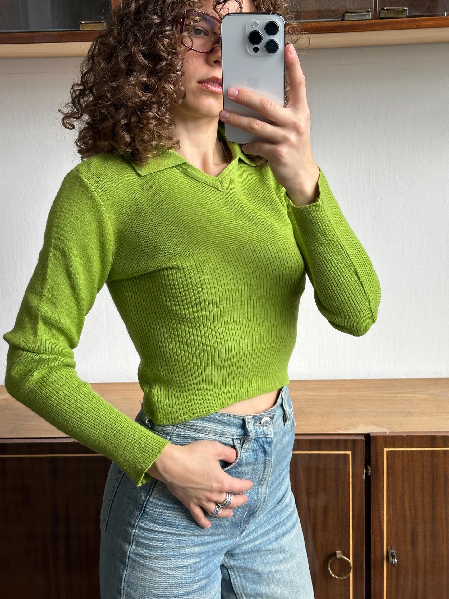 Vintage cropped wool jumper in green