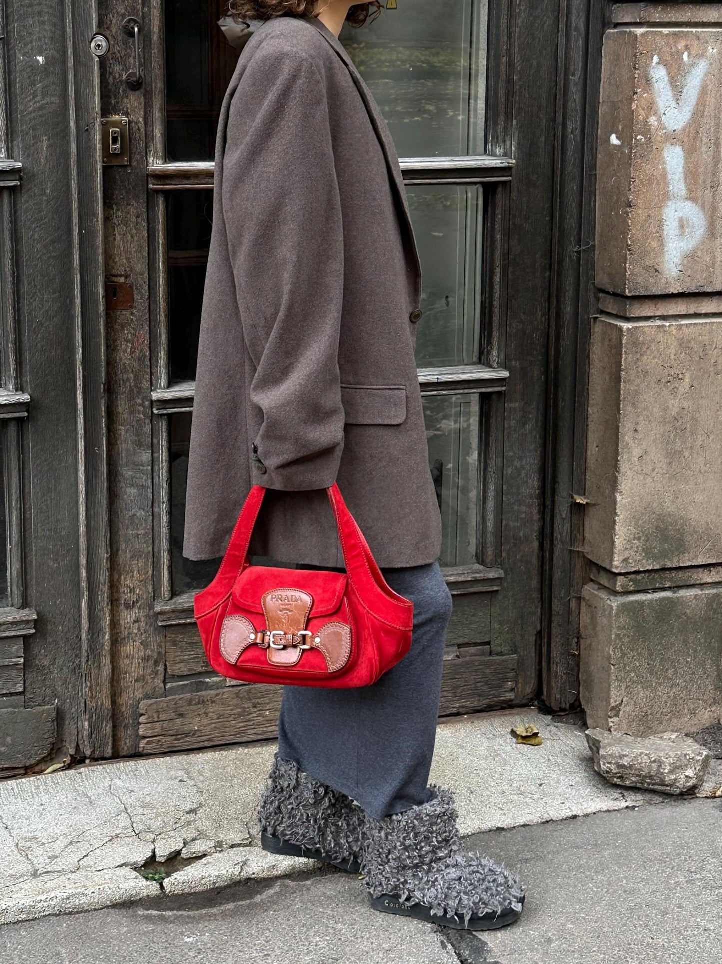 Vintage PRADA suede leather handbag in red