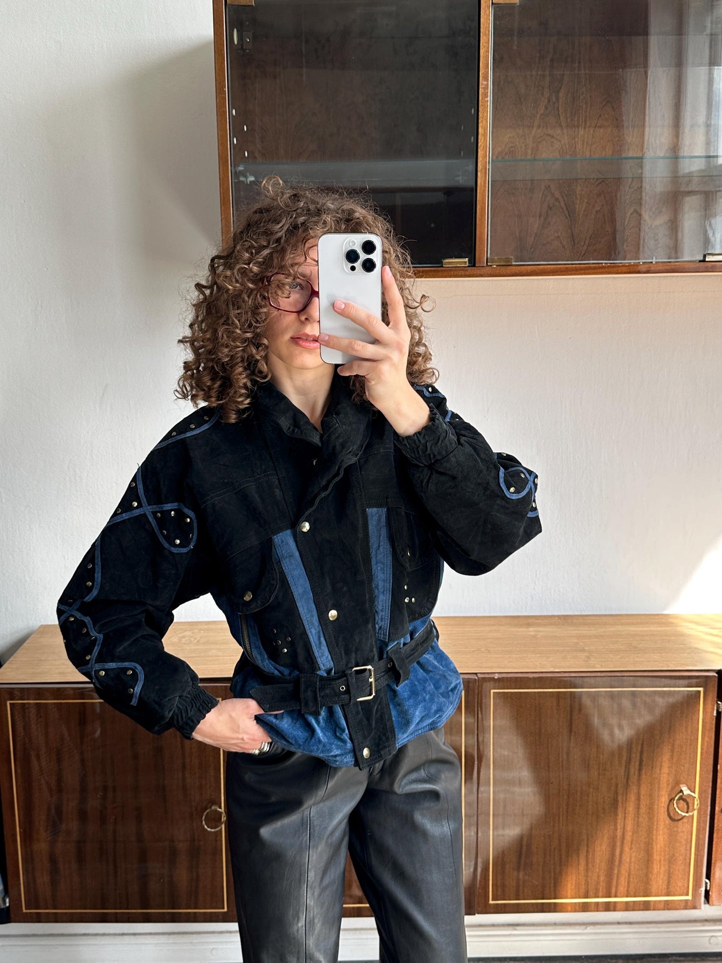 Vintage 90s Suede Leather Motorcycle Bomber Jacket - Black, Cropped Dolman Sleeve