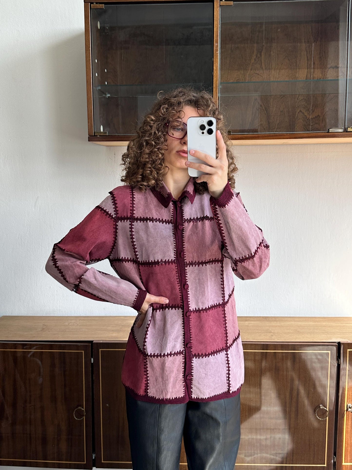 Vintage patchwork leather jacket in pink