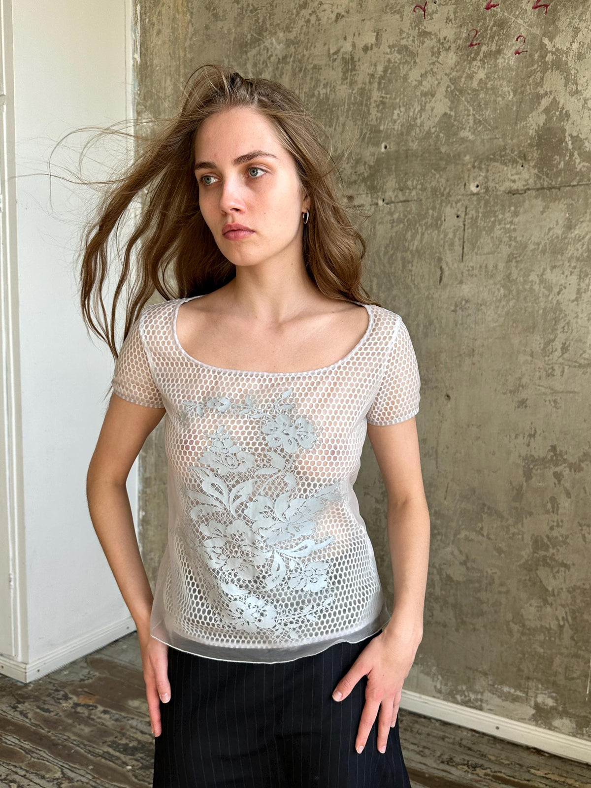 Vintage Cavalli Jeans Grey Mesh Top | Sheer Fishnet T-Shirt