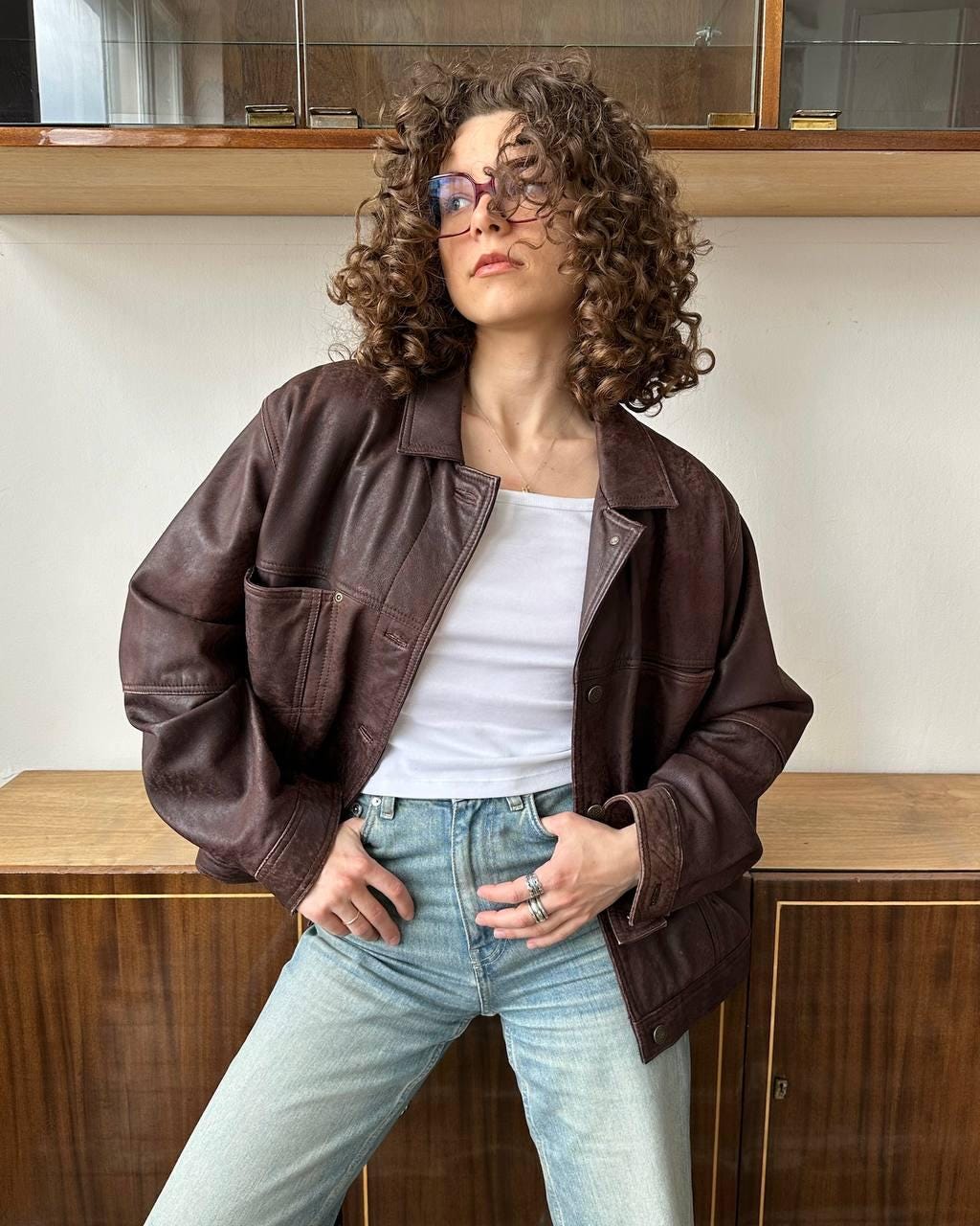 Vintage 90s boxy leather jacket in brown