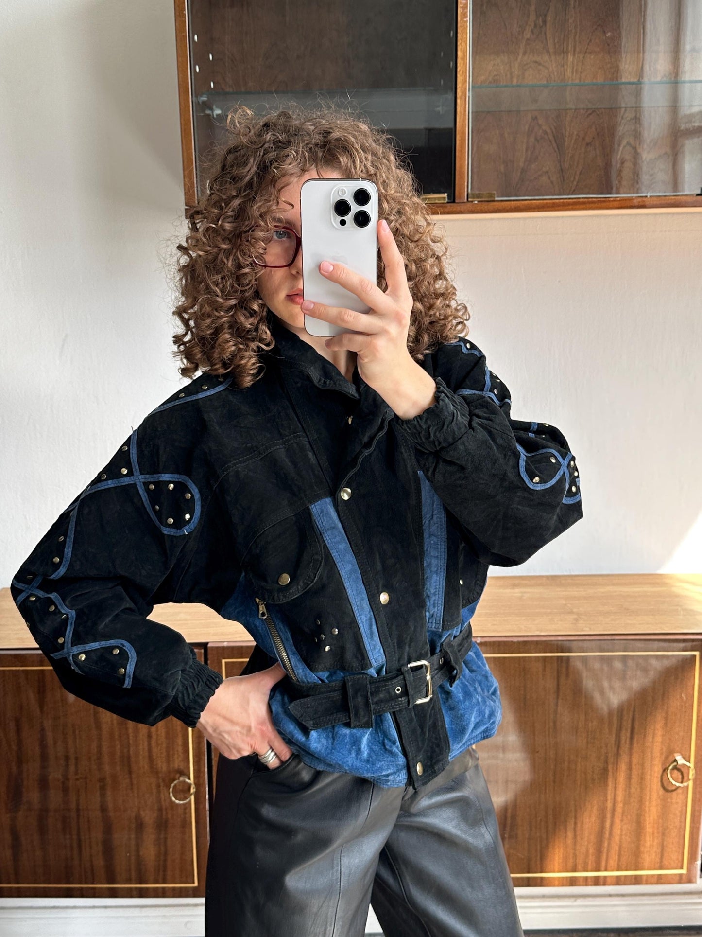 Vintage 90s Suede Leather Motorcycle Bomber Jacket - Black, Cropped Dolman Sleeve