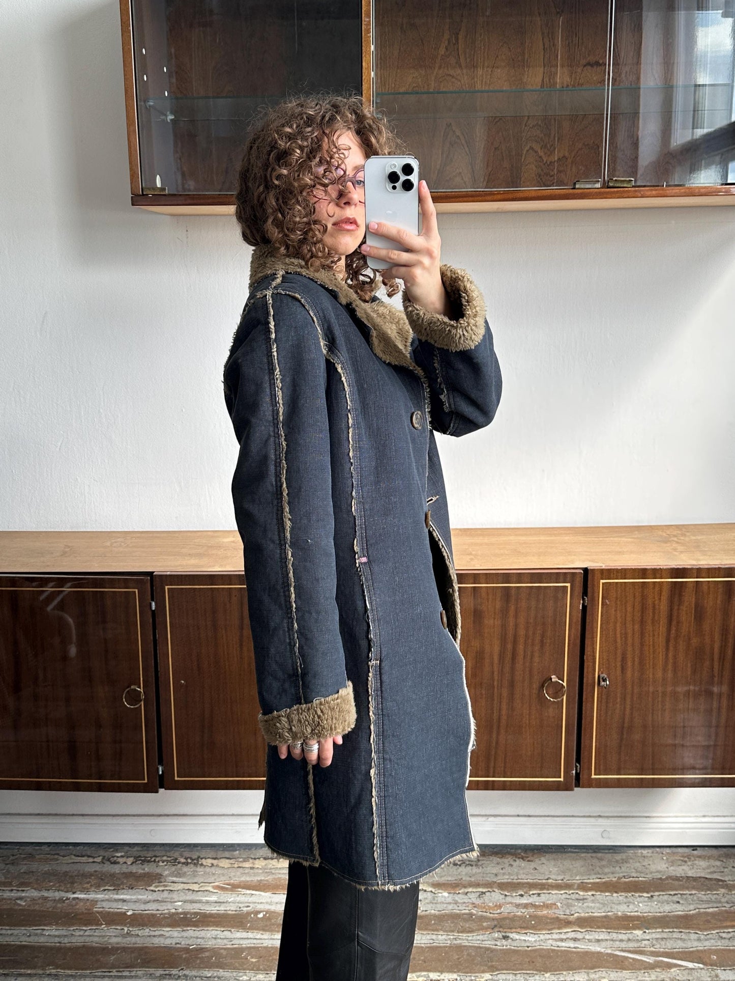 Vintage 90s denim coat with faux fur coat