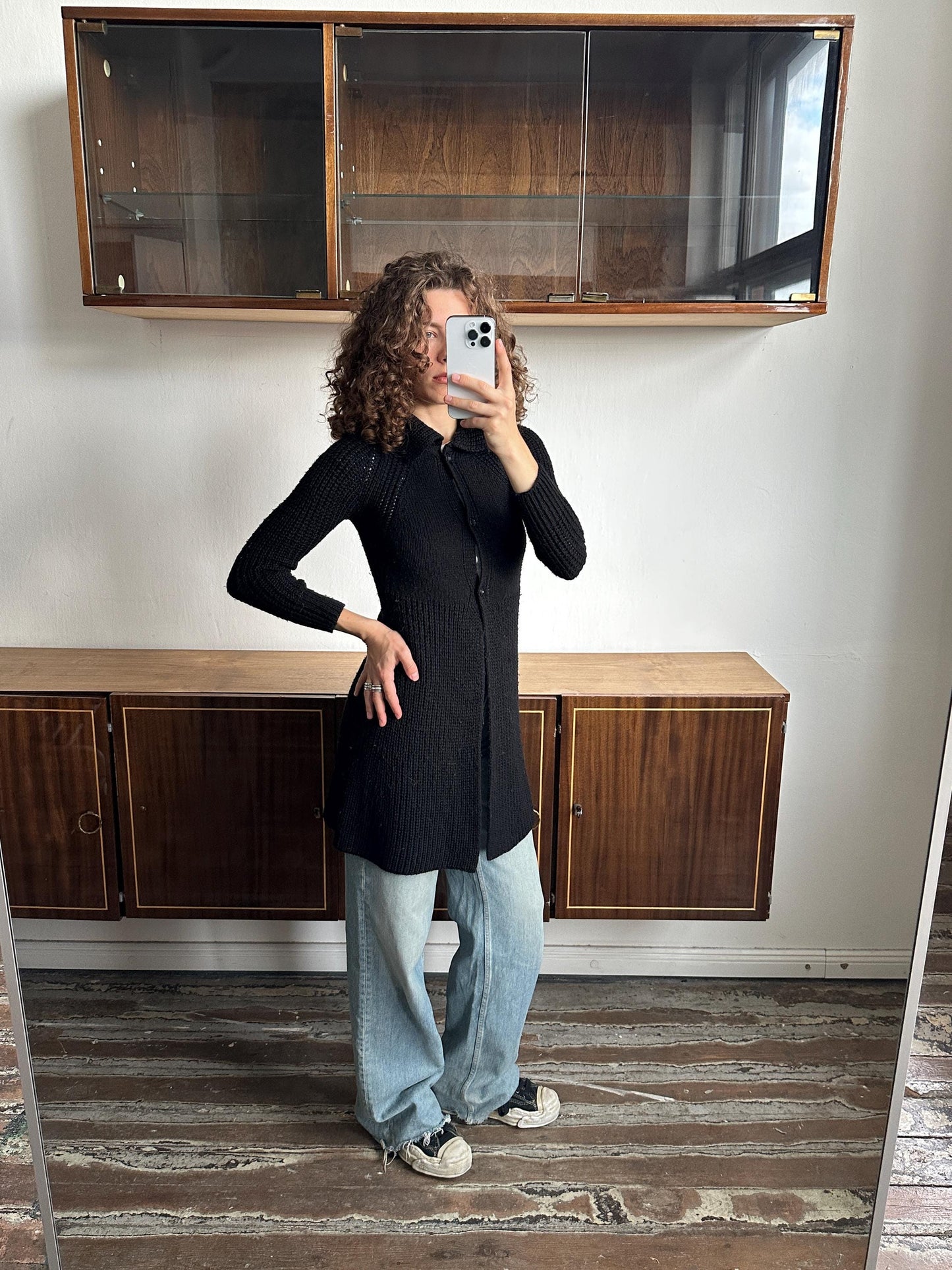 Vintage cardigan in black, button-down knit dress