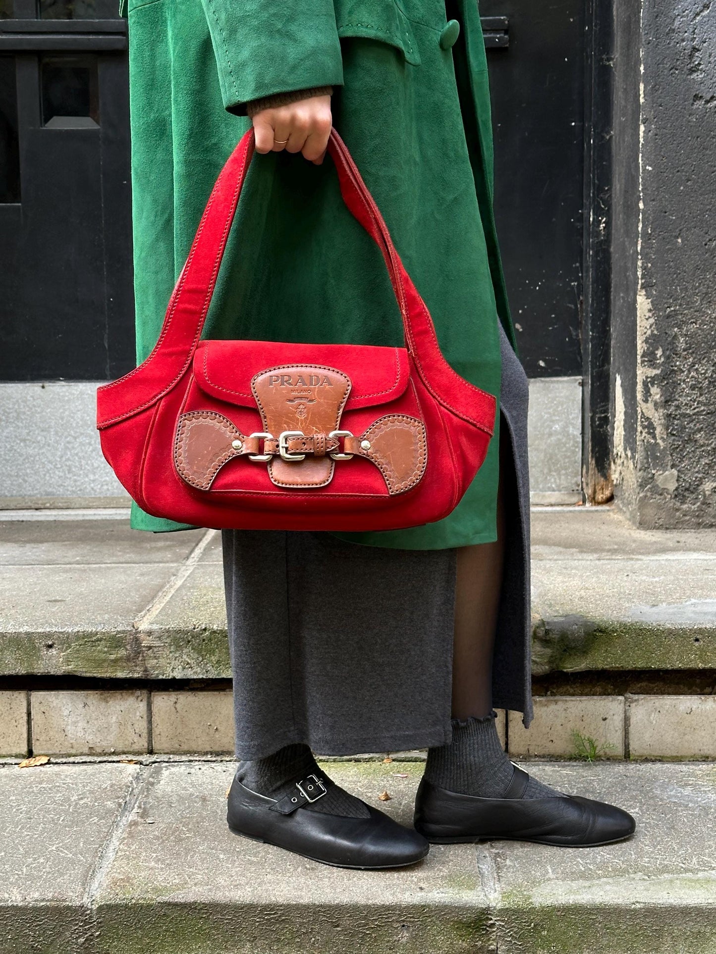 Vintage PRADA suede leather handbag in red