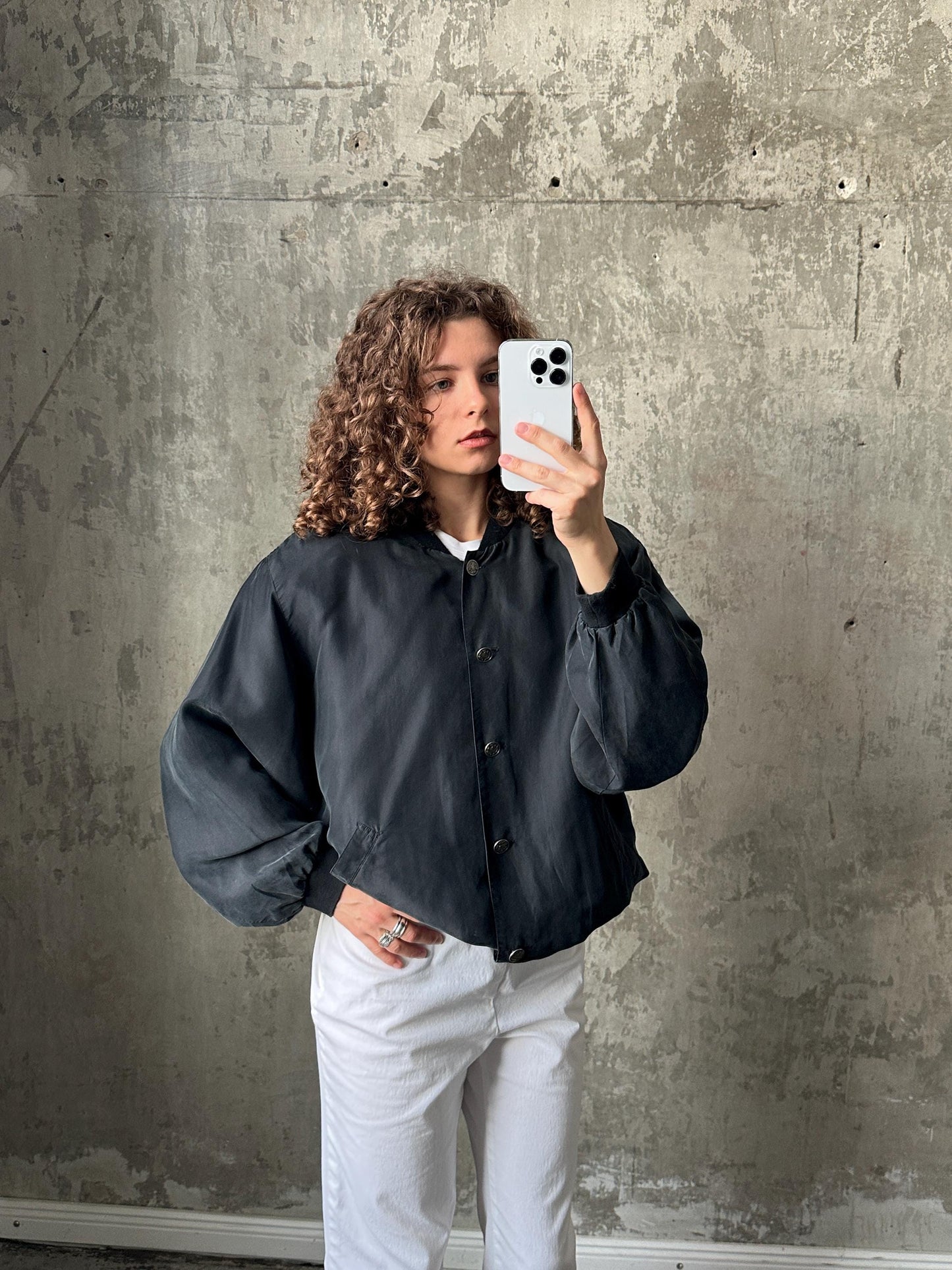 Vintage y2k oversized silk bomber jacket in black