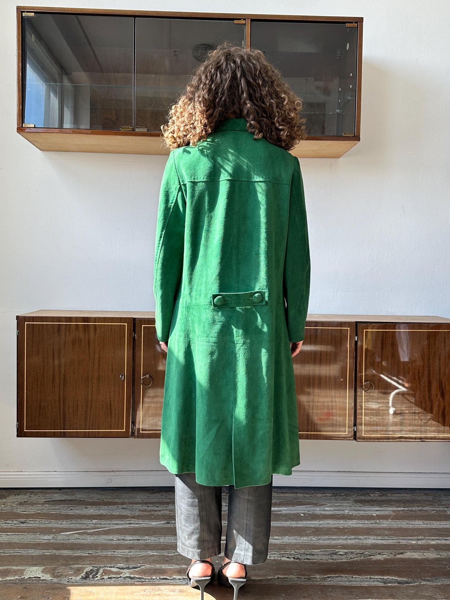 Vintage straight suede leather coat in bright green