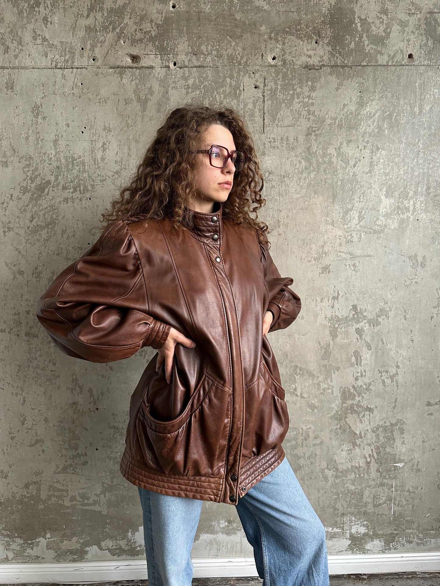 Vintage 80s button up leather jacket in brown