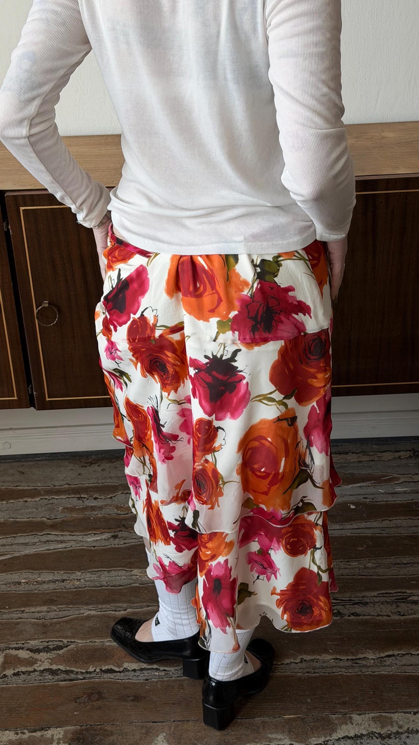 Vintage Marella Silk Floral Midi Skirt, Y2K Italian Bias Cut Slip Skirt (L/XL)