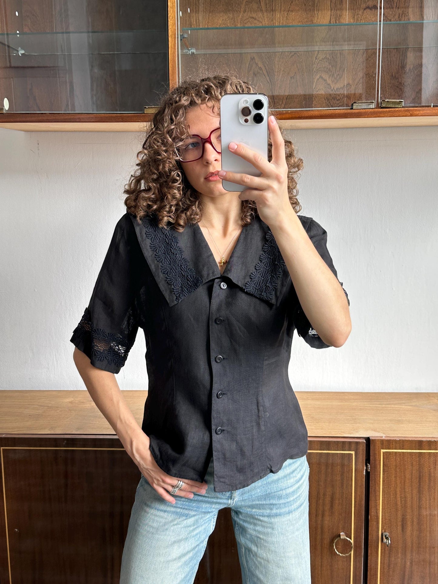 Vintage linen blouse in black with floral embroidery